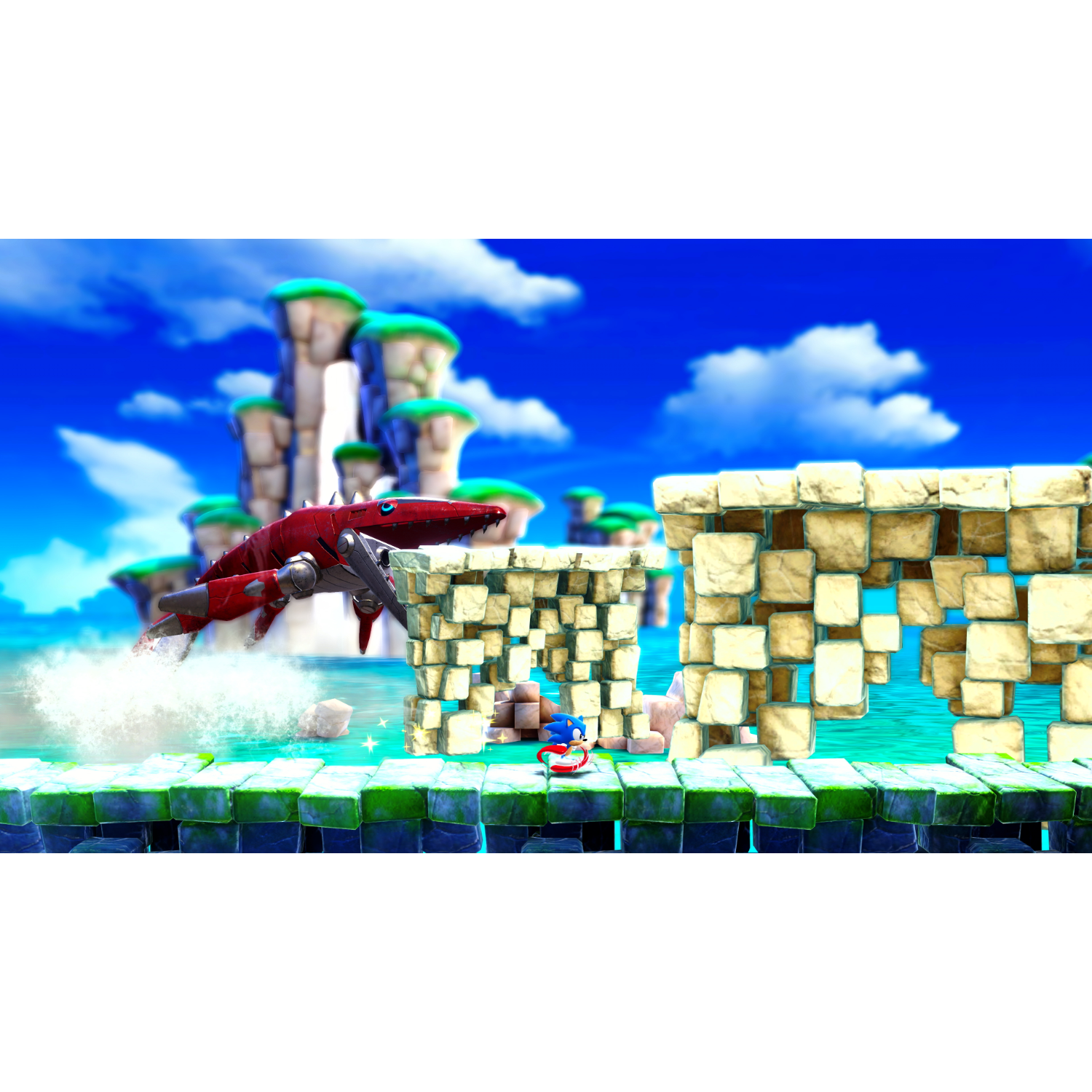 Sonic the Hedgehog rent naar de camera, een vliegend rood voertuig en een blauwe hemel op de achtergrond.