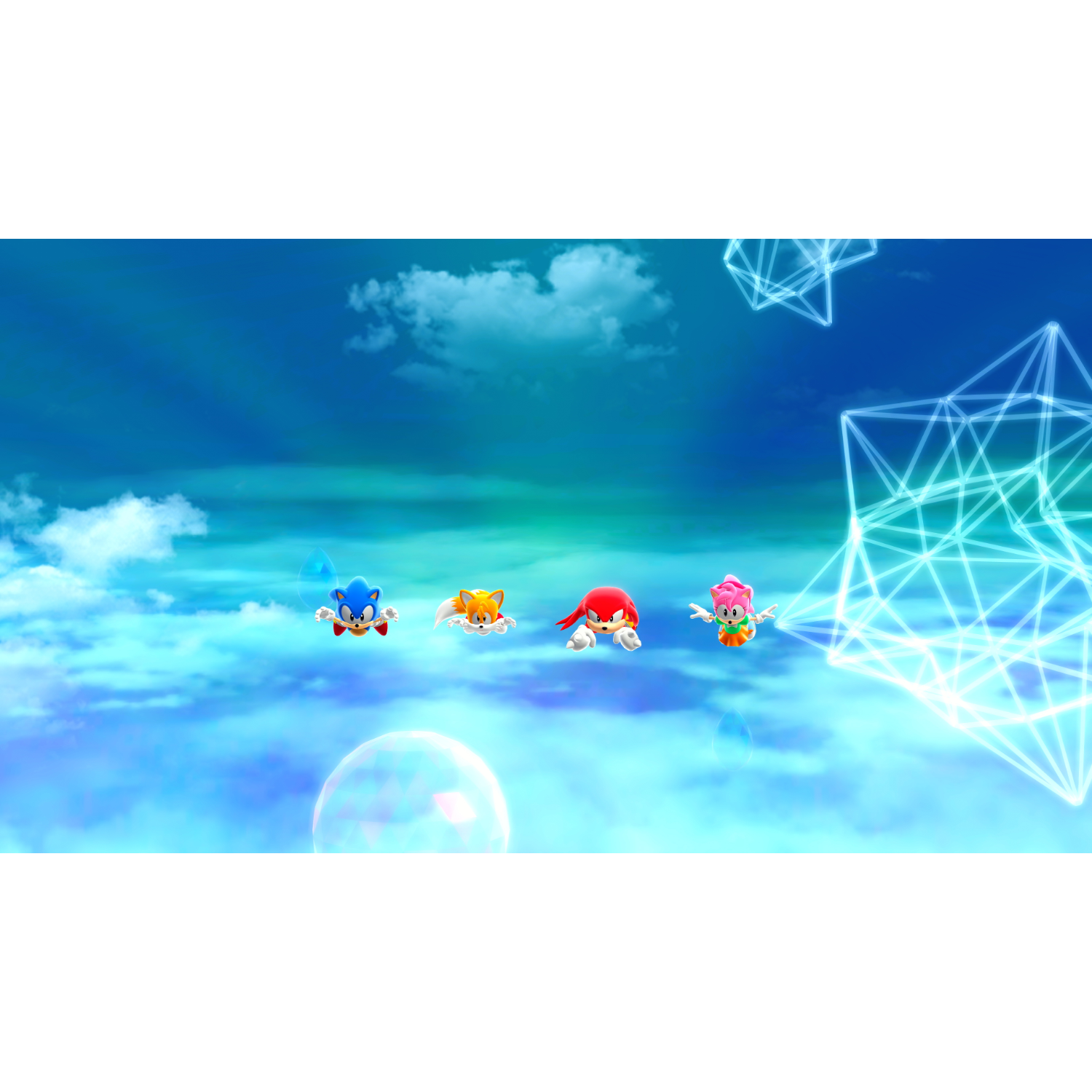 Sonic en vrienden vliegen in een blauwe lucht met geometrische vormen.