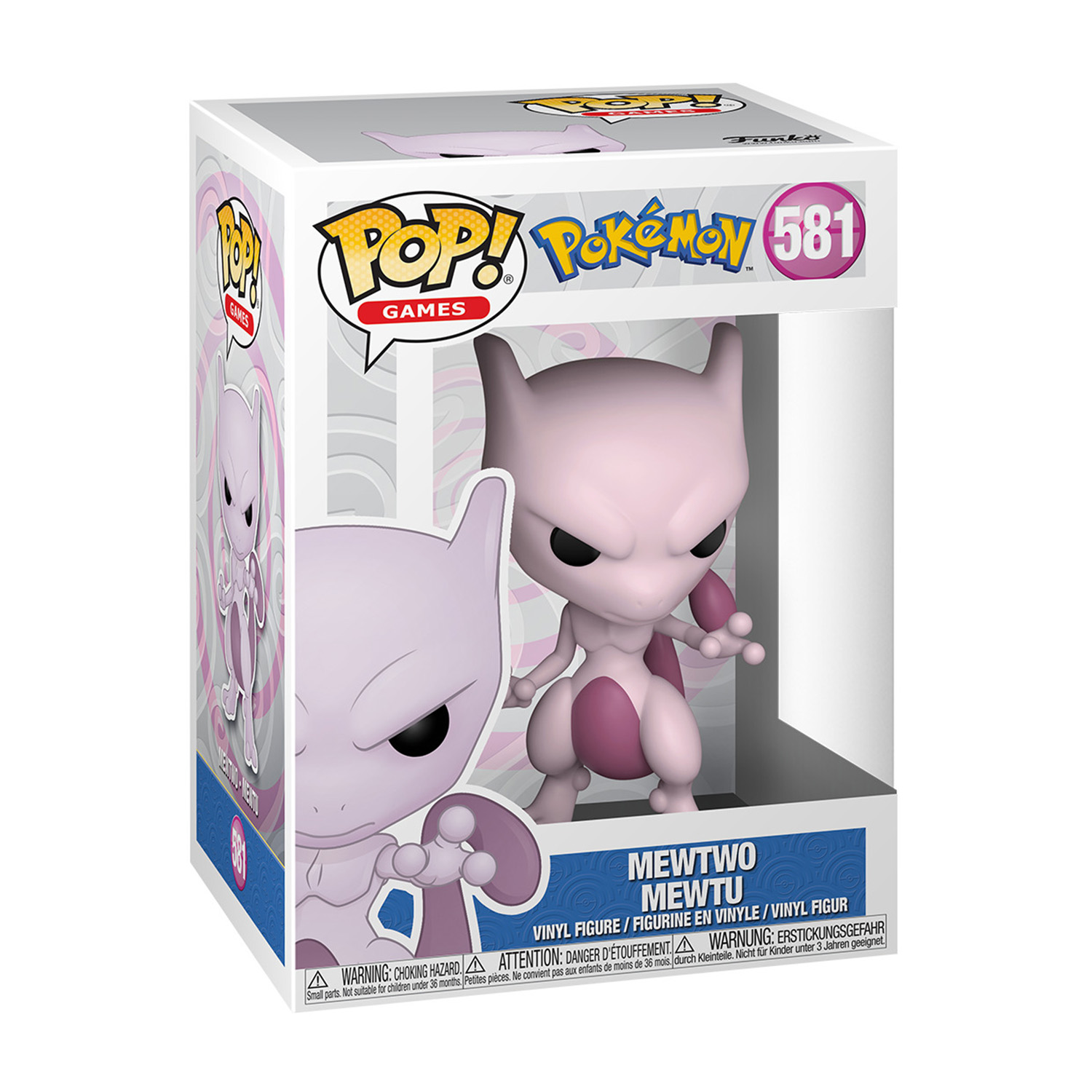 Una figura Funko Pop! Mewtwo in una scatola. È viola e in una posa dinamica con le braccia tese.