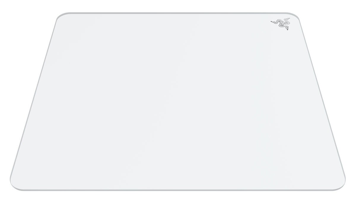 Podkładka pod mysz Razer, biała powierzchnia z logo Razer w prawym górnym rogu. Prosty design.