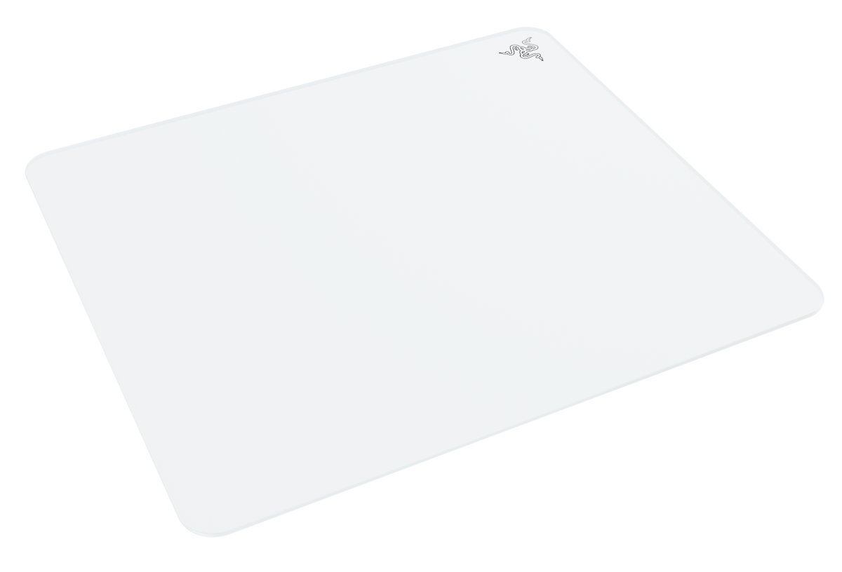 Biała podkładka pod mysz Razer. Jest to gładka, prostokątna podkładka z logo Razer w prawym górnym rogu.