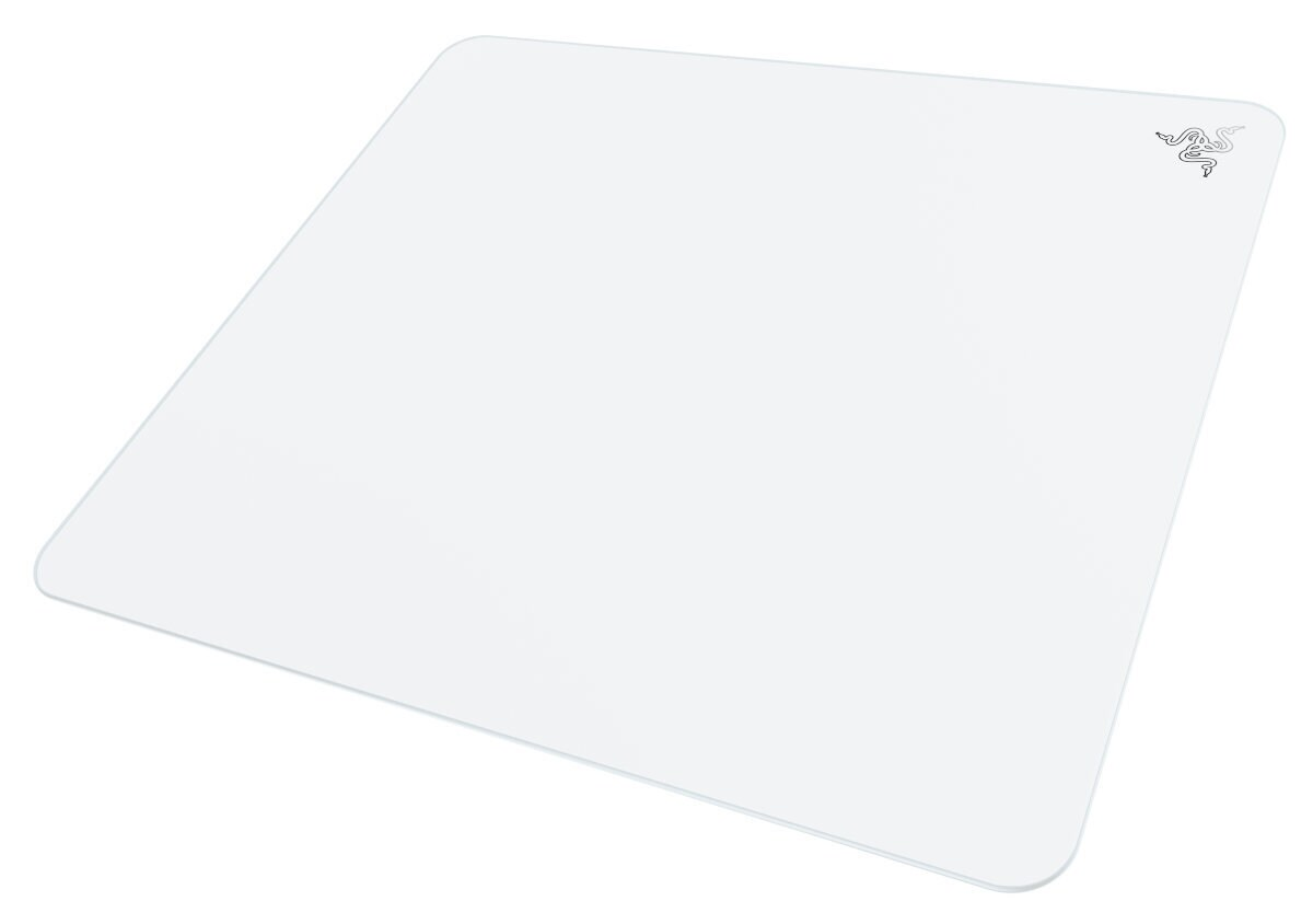 Biała, przezroczysta podkładka pod mysz Razer do gier, widziana z boku na białej powierzchni.