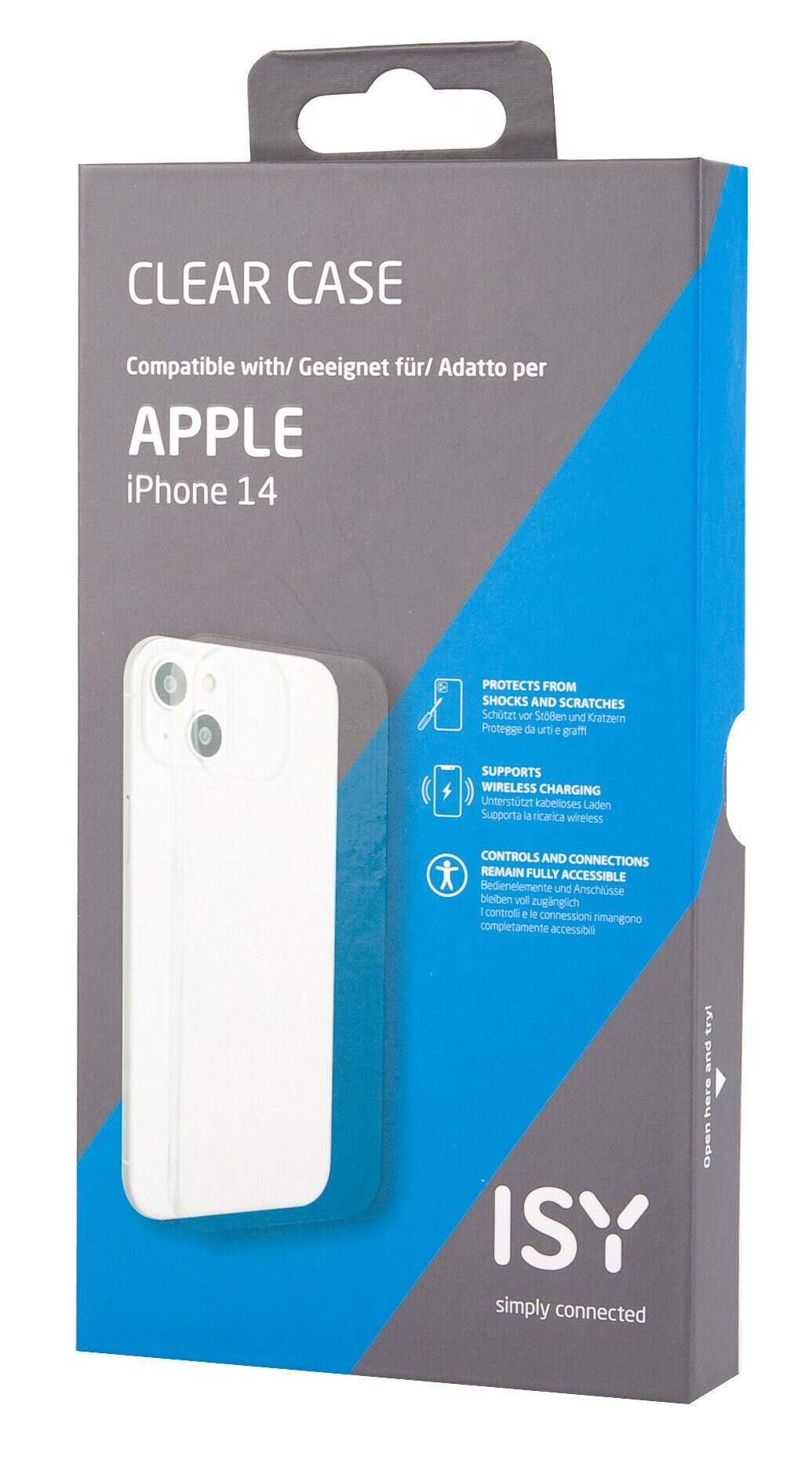 Pudełko na etui na telefon dla iPhone 14. Jest białe i przezroczyste z tekstem.