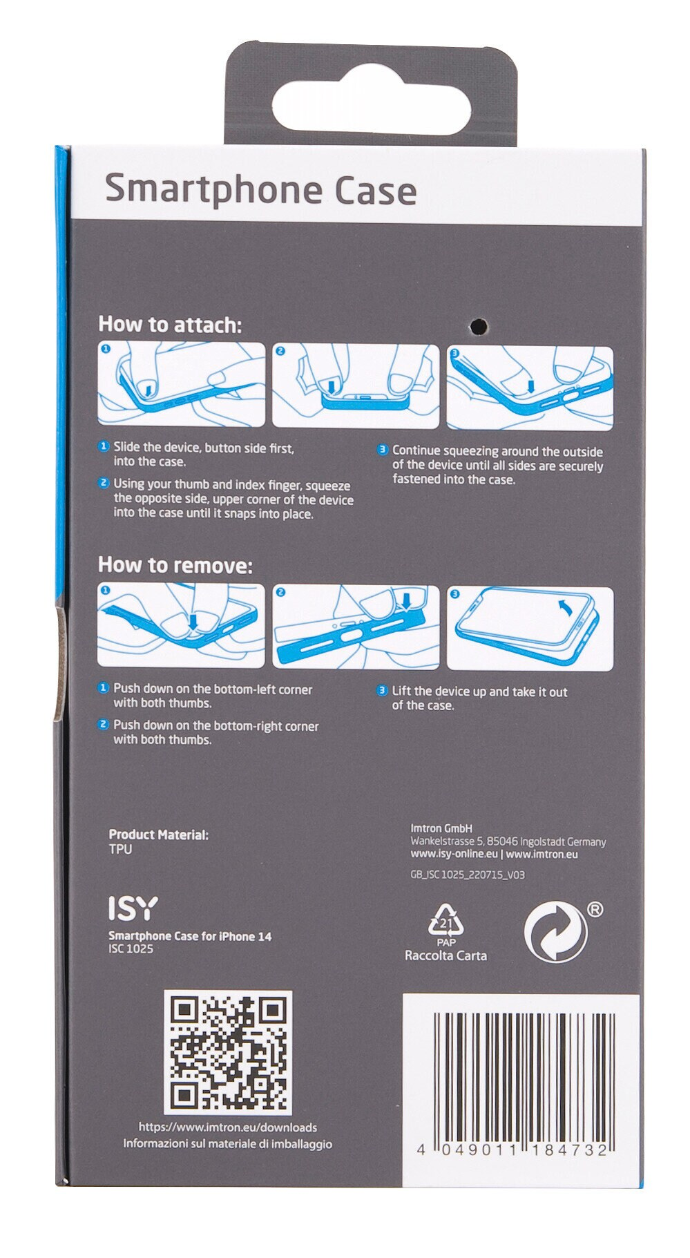 Opakowanie etui na smartfon. Instrukcje dotyczące zakładania i zdejmowania etui są wydrukowane na tylnej stronie.