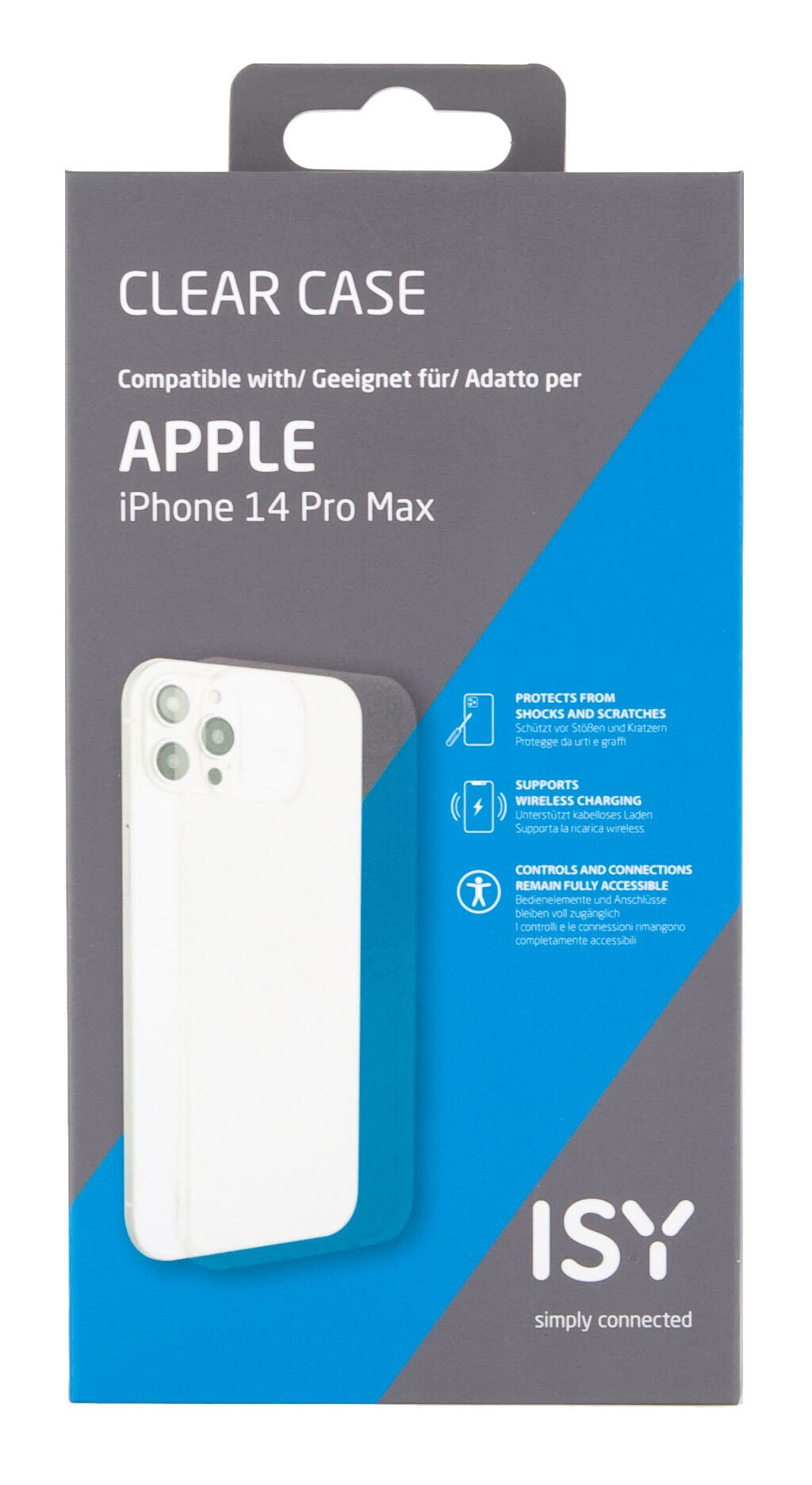 Przezroczyste pudełko na etui do iPhone 14 Pro Max, ze zdjęciem telefonu i tekstem.