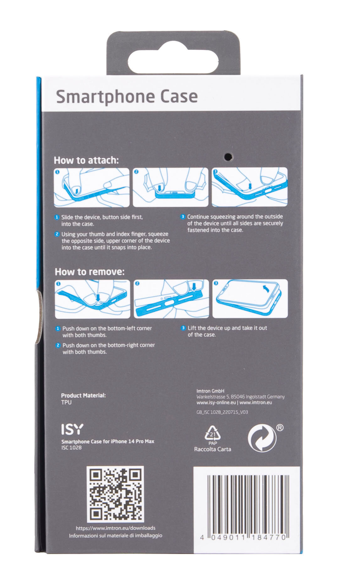 Opakowanie etui na smartfona. Widoczny tył pudełka z instrukcjami i informacjami o produkcie.
