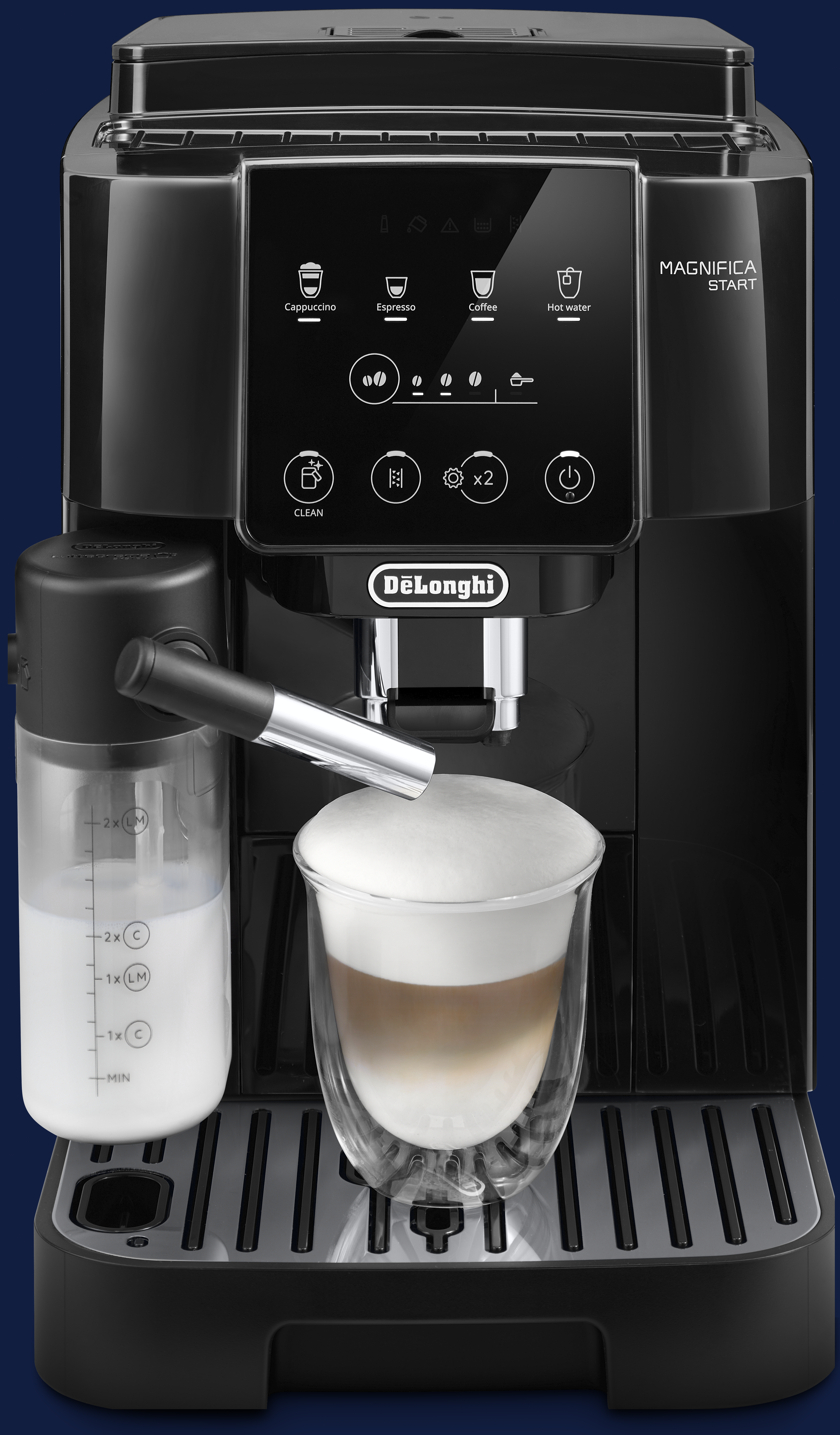Eine schwarze De'Longhi Espressomaschine mit einem Glas geschichteten Kaffees und Milchaufschäumer.