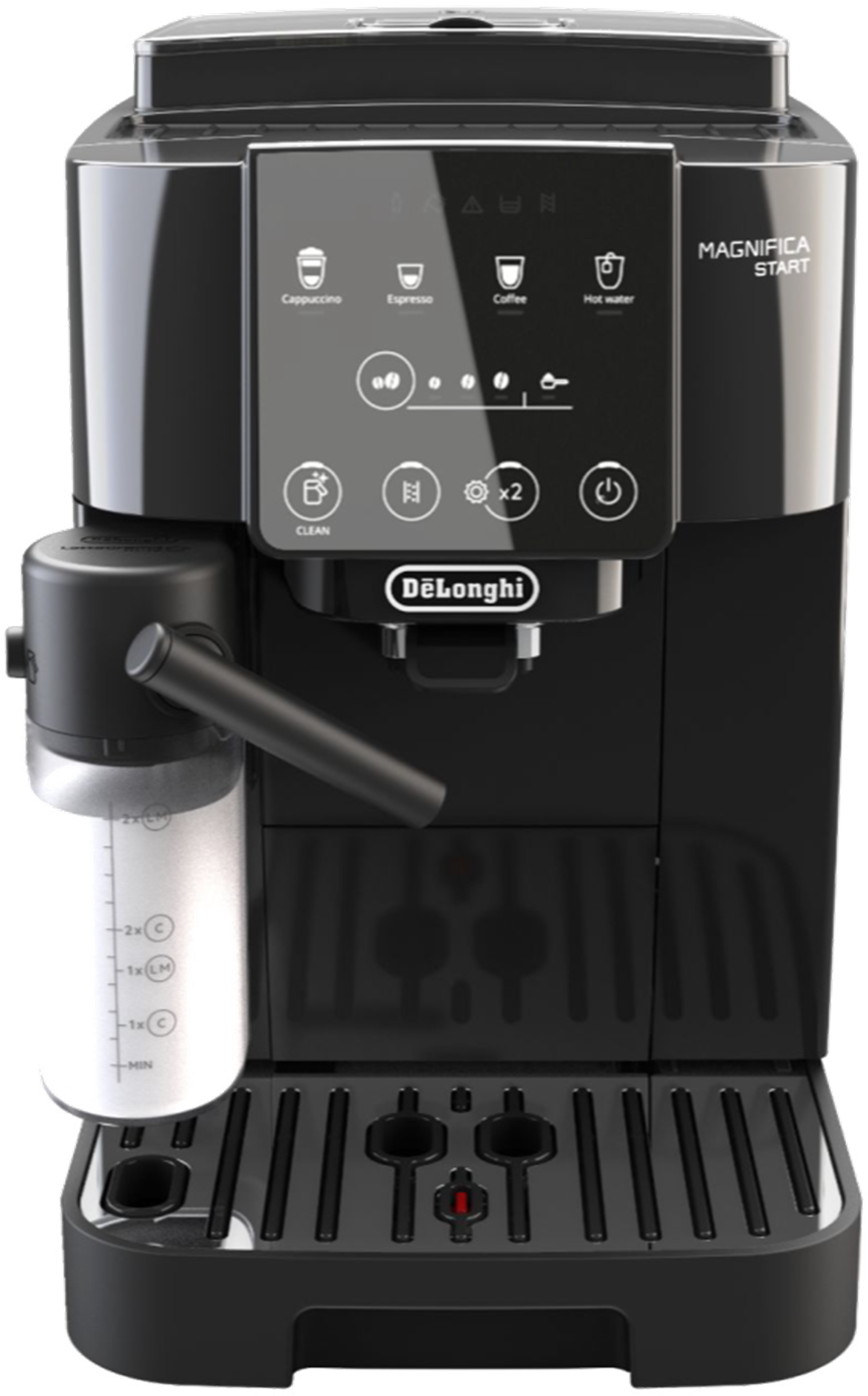 Schwarze DeLonghi Kaffeemaschine mit Knöpfen für Espresso, Cappuccino, Kaffee und heißes Wasser. Milchbehälter.