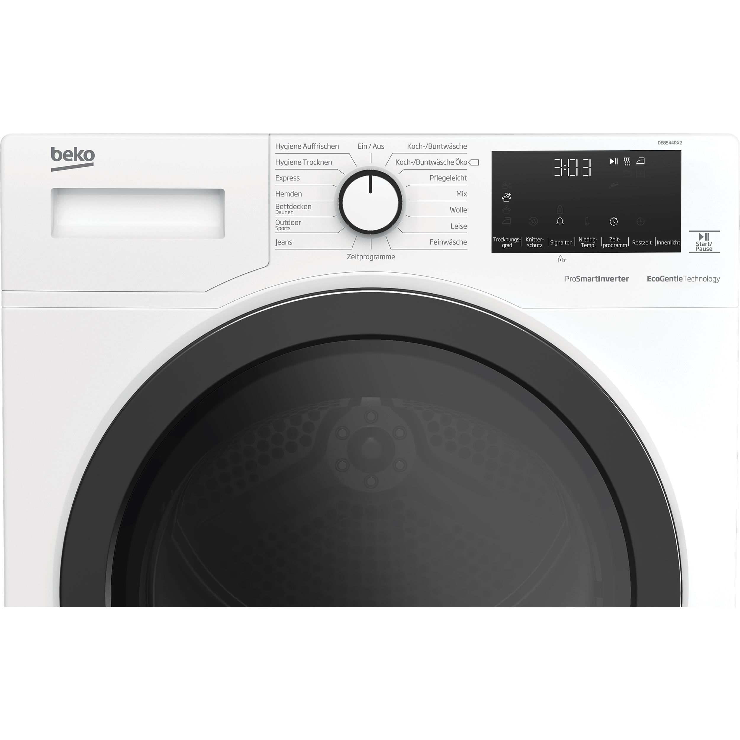 Weißer Beko-Trockner mit schwarzer Tür und Bedienfeld. Digitalanzeige zeigt die Zeit.
