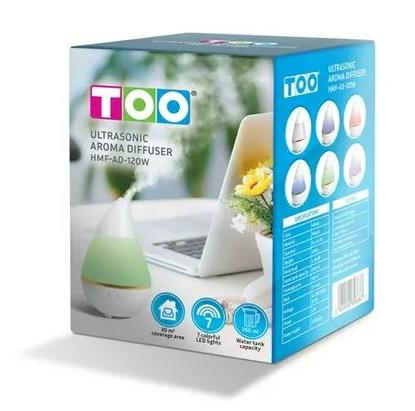 Egy Too ultrahangos aroma diffúzor dobozban, termékadatokkal.