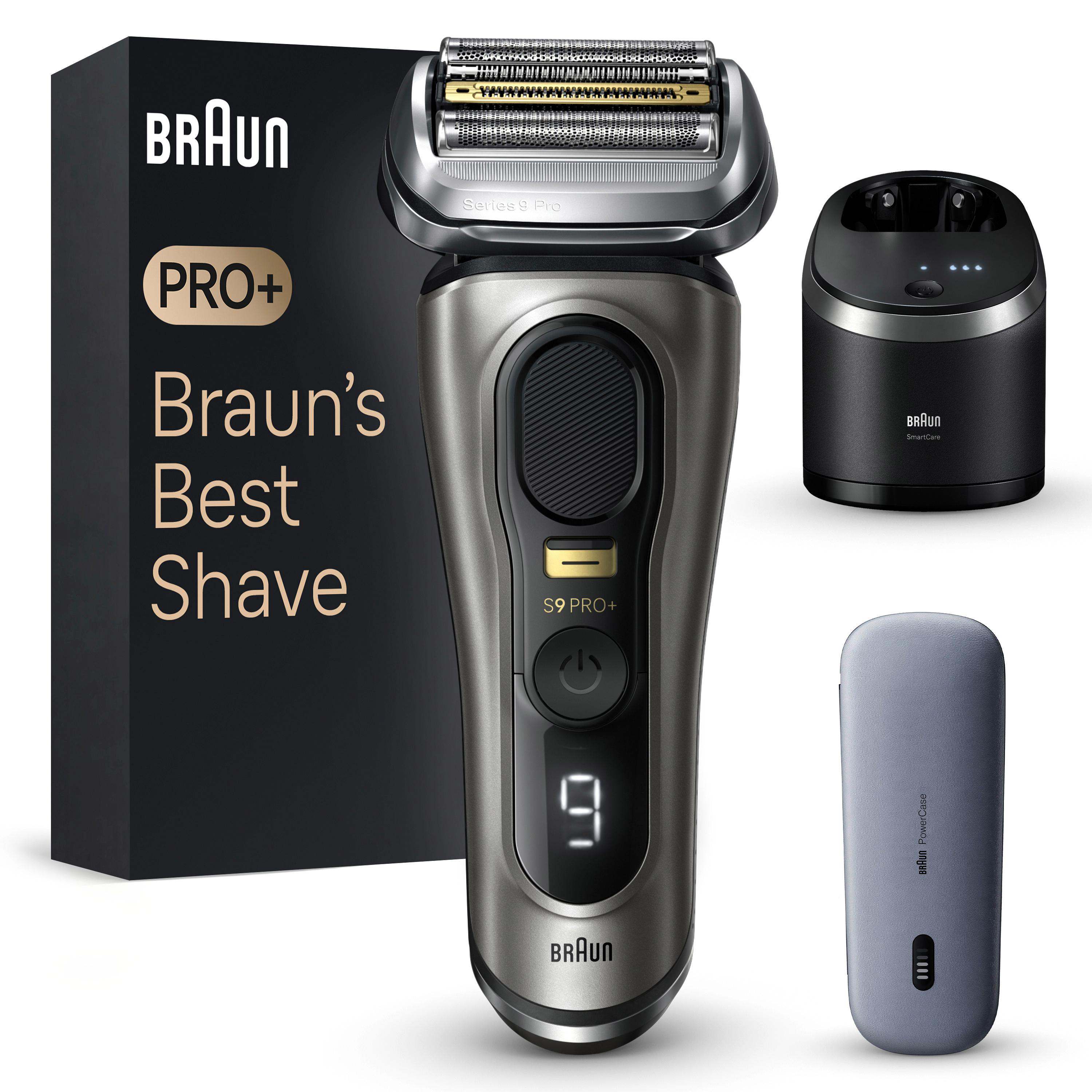 Elektrischer Rasierer Braun Series 9 Pro+ mit Zubehör: Box, Reinigungsstation und Reiseetui.