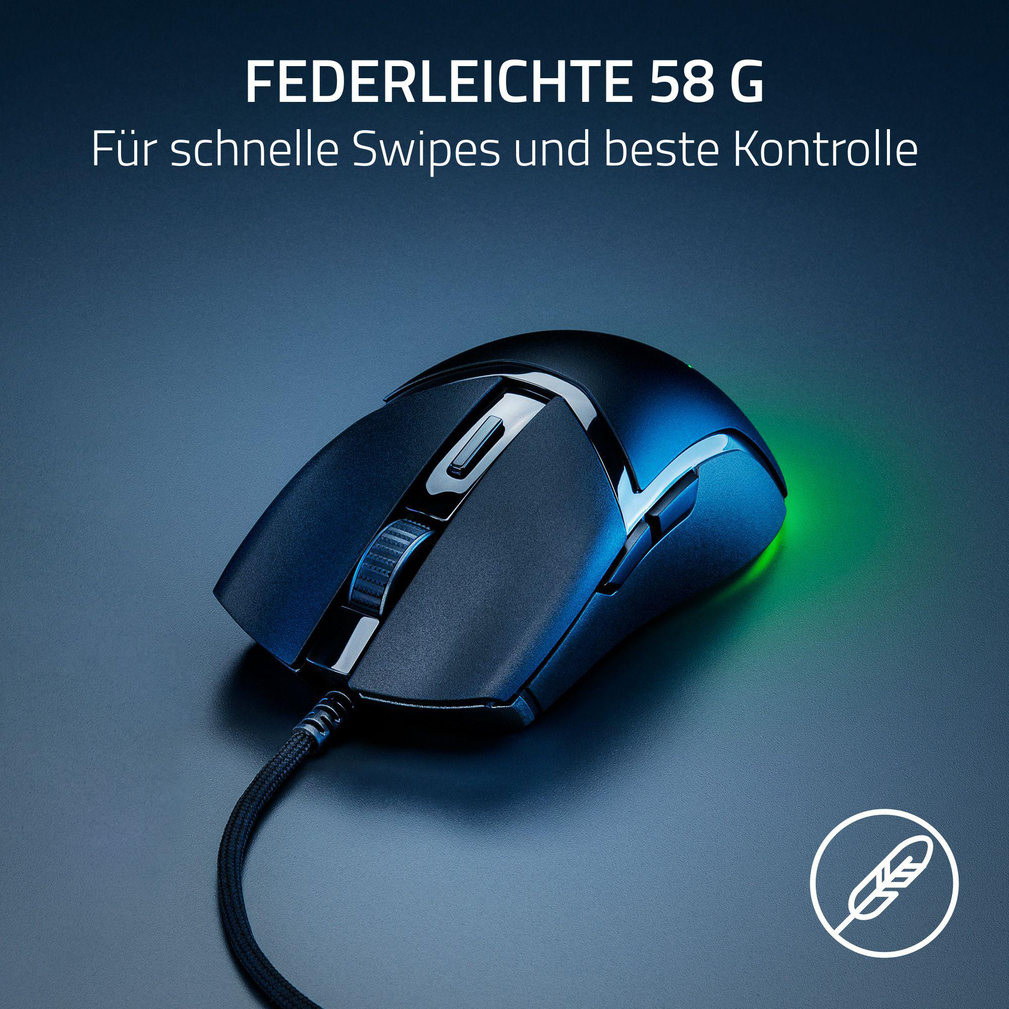 Schwarze Gaming-Maus mit Kabel, Text oben. Unten ein Feder-Symbol.
