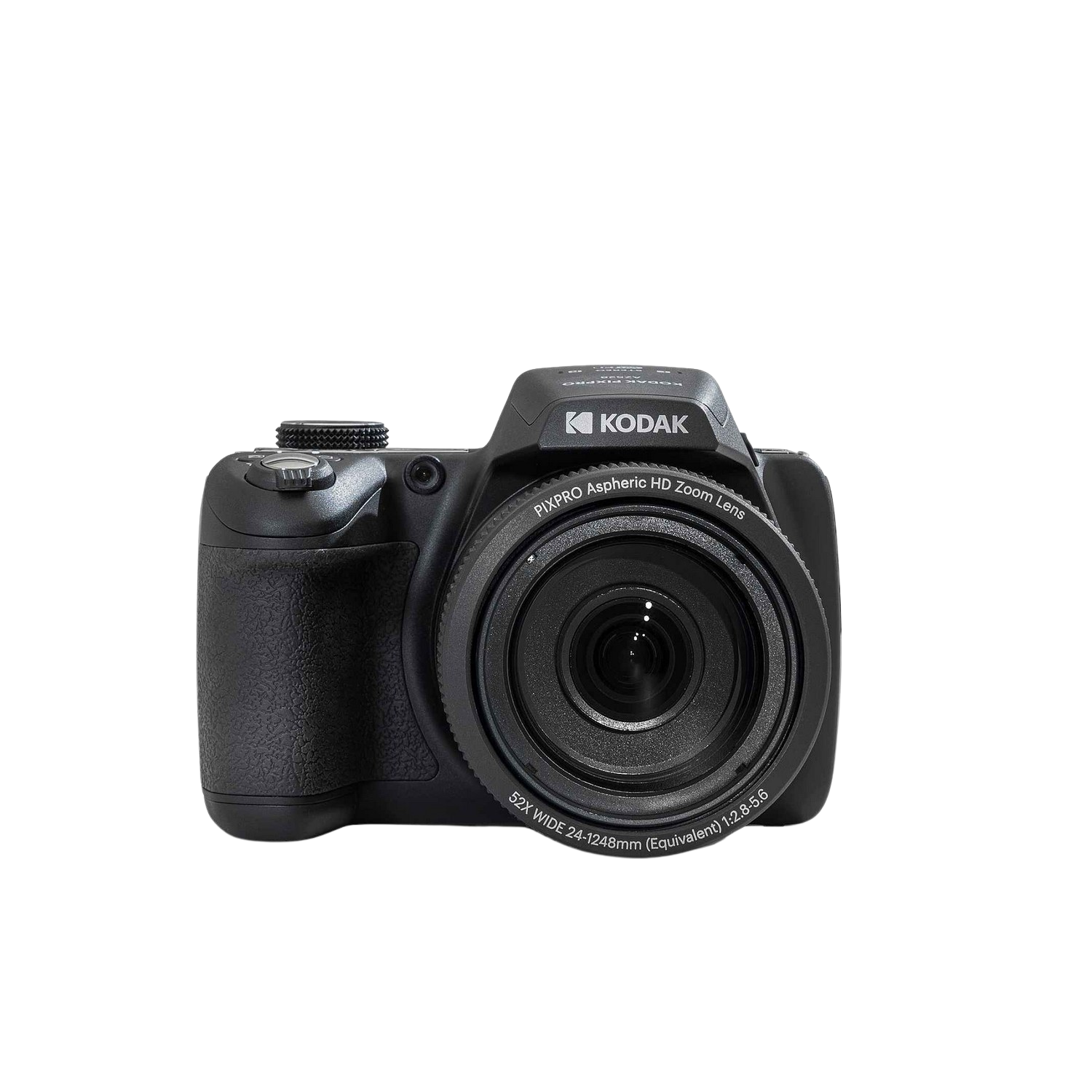 Een zwarte Kodak Pixpro camera met een lens. Het staat op een zwarte achtergrond.