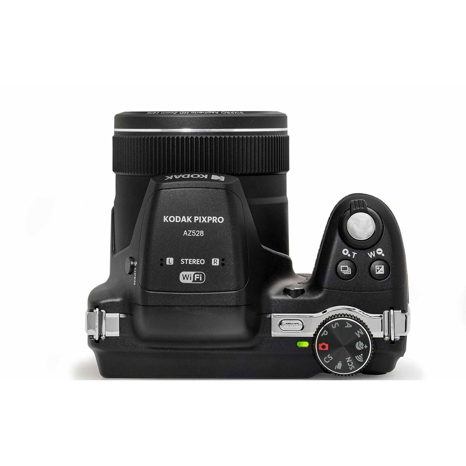 Een zwarte Kodak Pixpro AZ528 camera, van bovenaf bekeken, op een witte achtergrond.