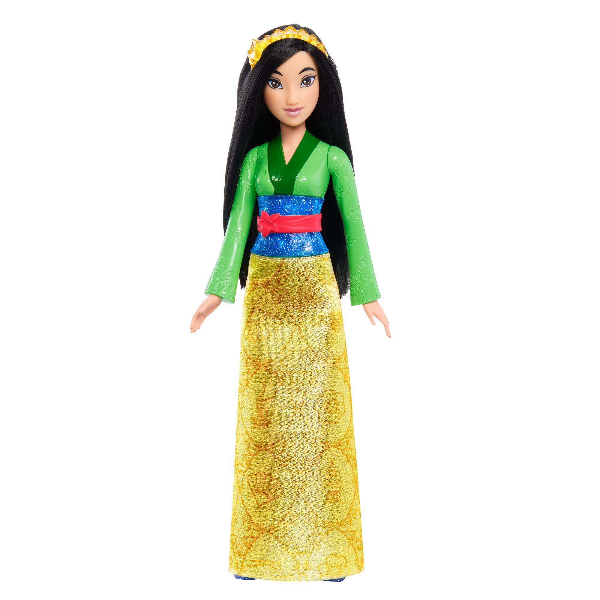 Eine Mulan-Puppe in einem traditionellen chinesischen Kleid in Grün und Gelb.