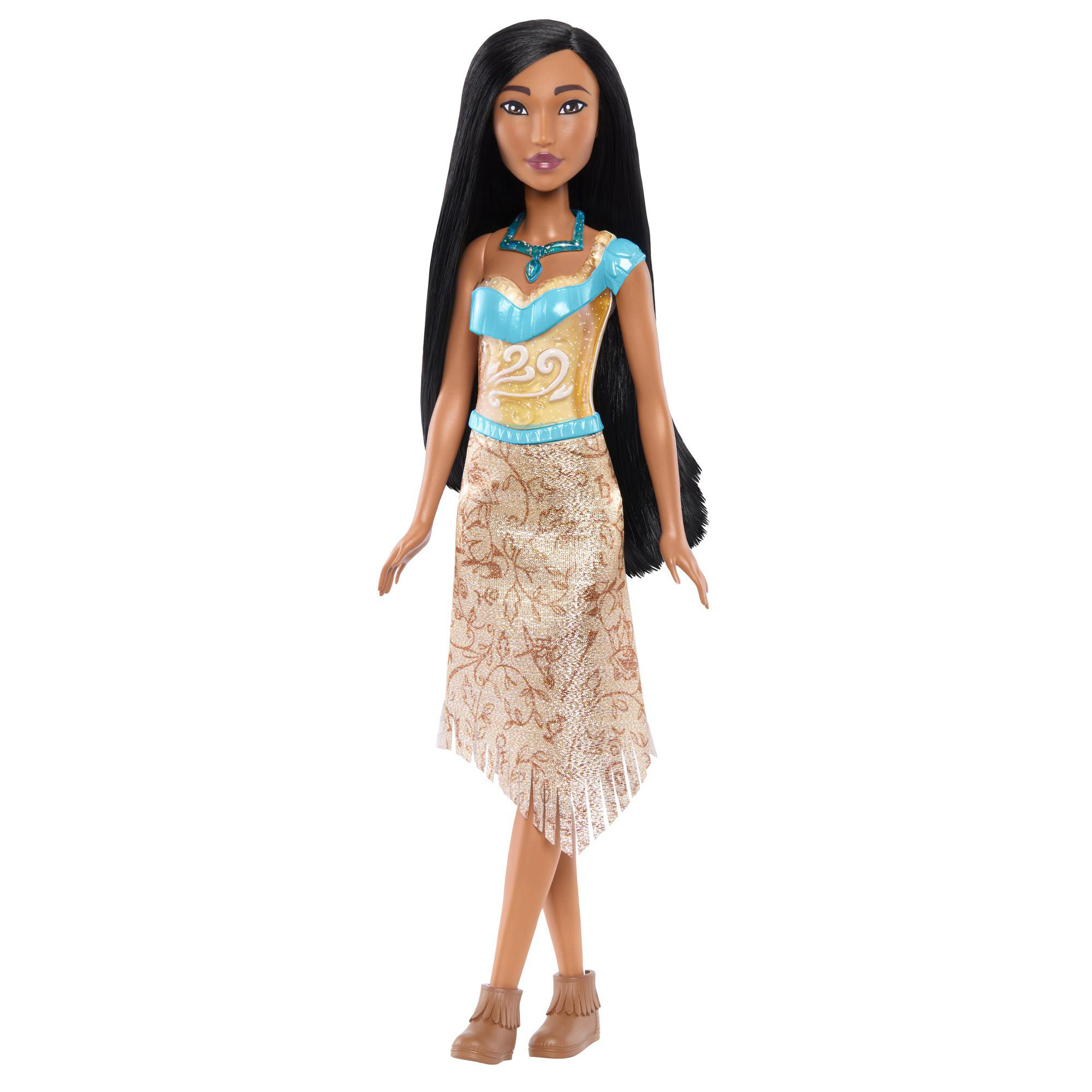 Pocahontas-Puppe steht da. Sie trägt ein blau-goldenes Oberteil, einen gemusterten Rock und braune Stiefel. Lange schwarze Haare und Halskette.
