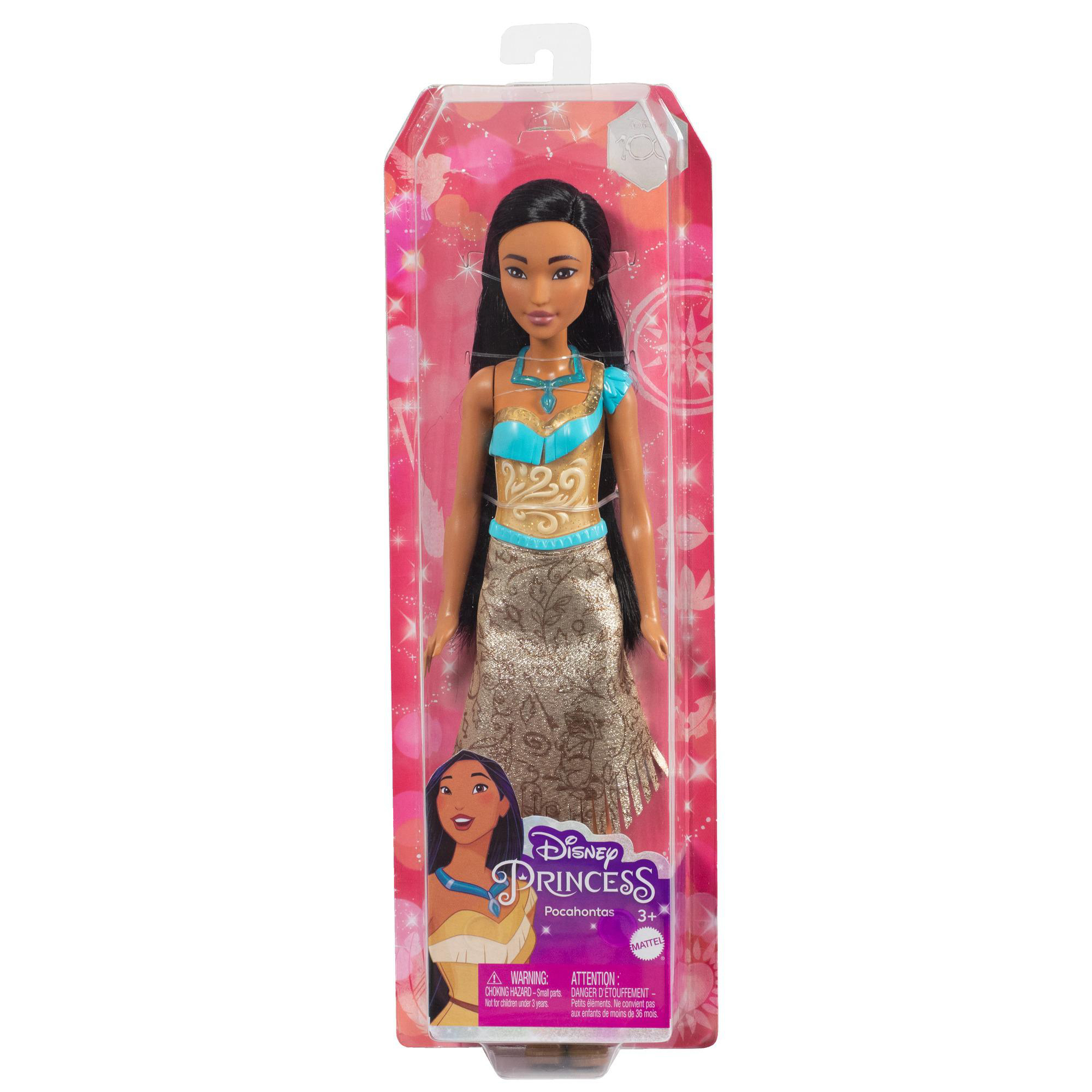 Pocahontas-Puppe in Verpackung. Sie trägt ein gold-blaues Kleid. Die Verpackung ist rosa mit dem Disney Princess-Logo.