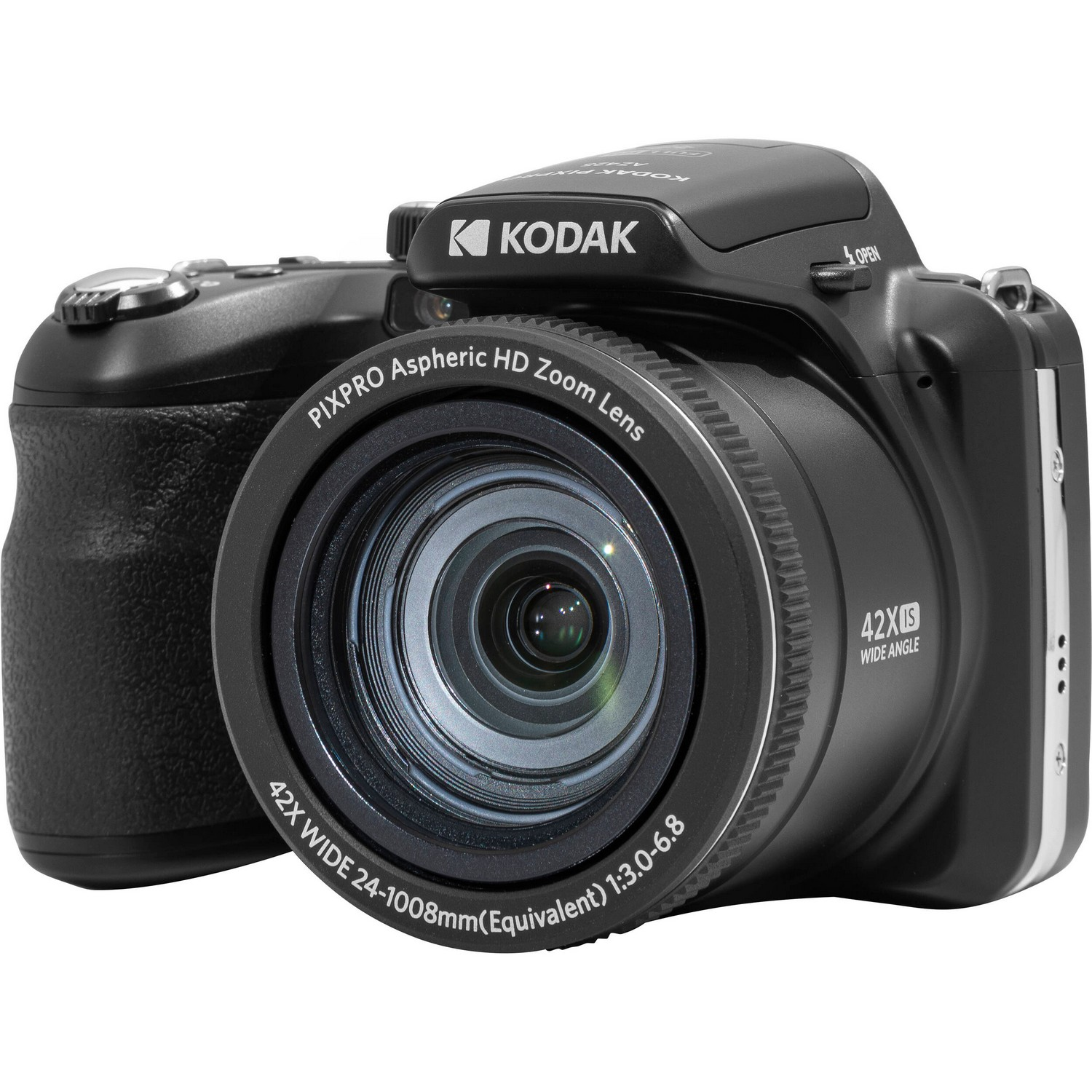 Black Kodak Pixpro camera with a large lens, buttons, and the Kodak logo.