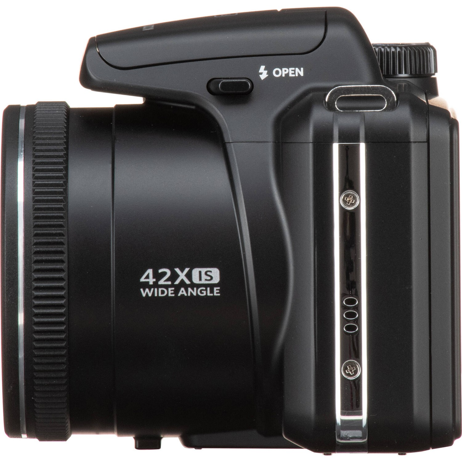 Black digital camera, side view, with a lens, buttons, and the text "42X WIDE ANGLE".
