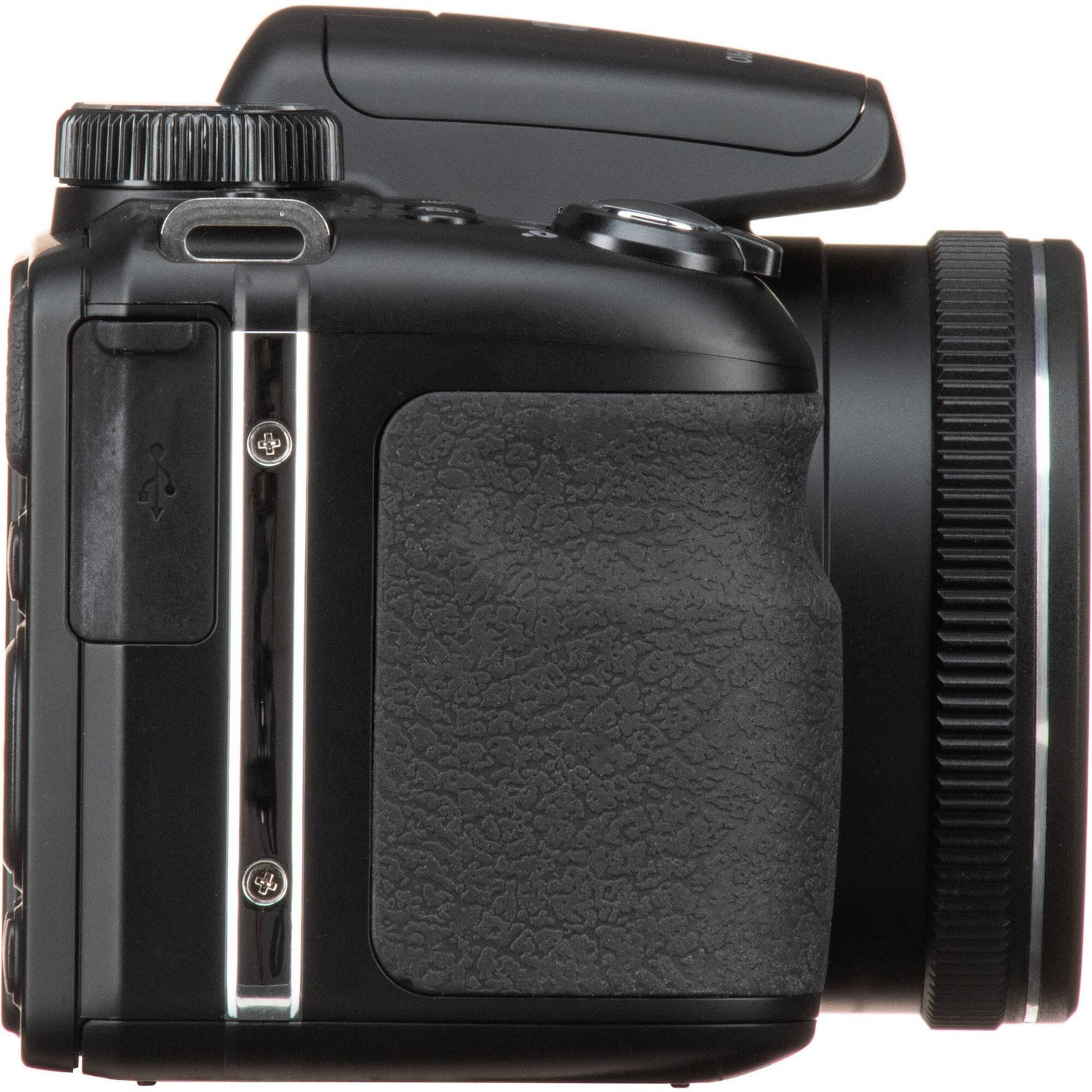 Black digital camera, side view. Shows grip, lens, buttons, and a top-mounted flash with a textured body.