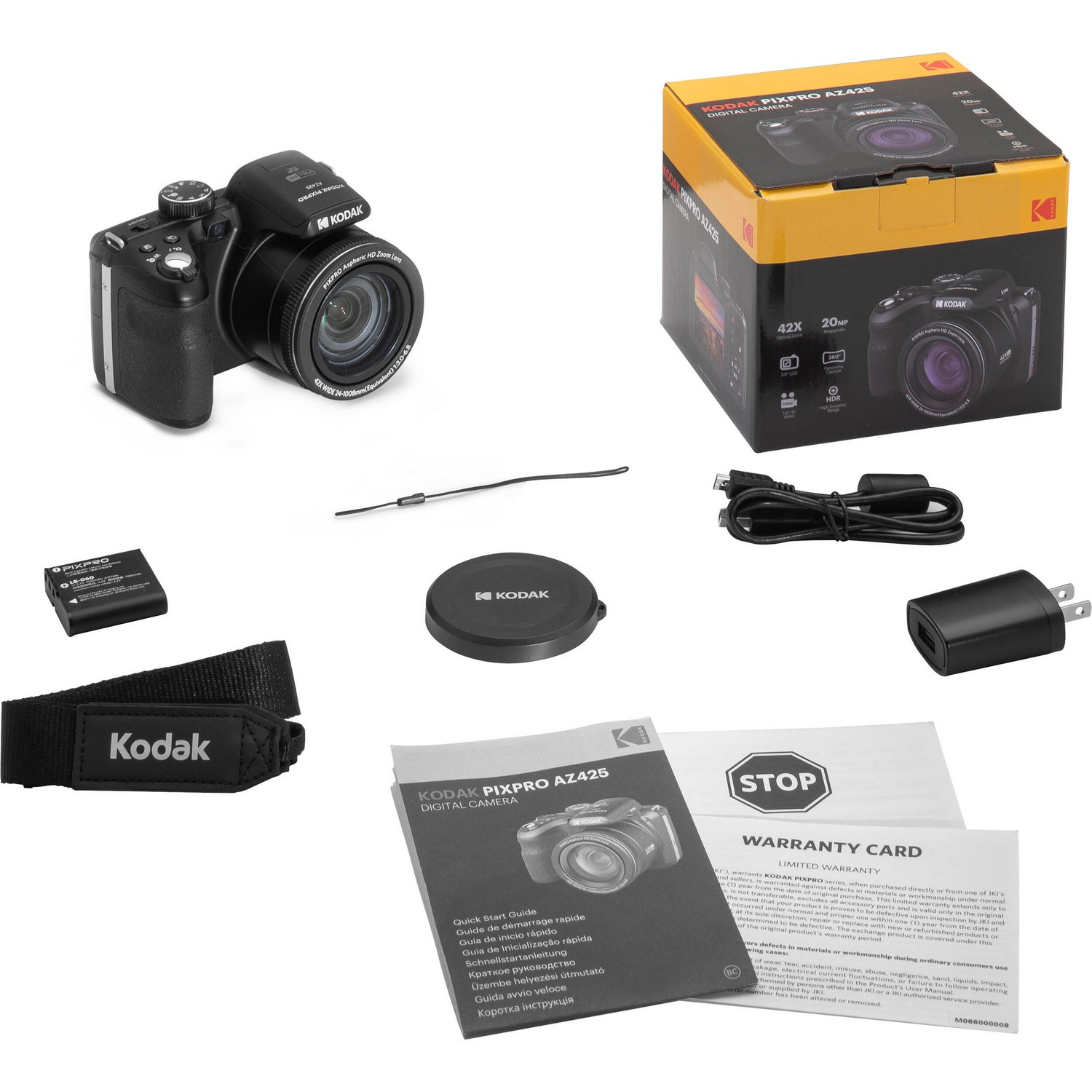 Kodak PIXPRO AZ425 camera and accessories, including box, battery, charger, strap, and manuals.