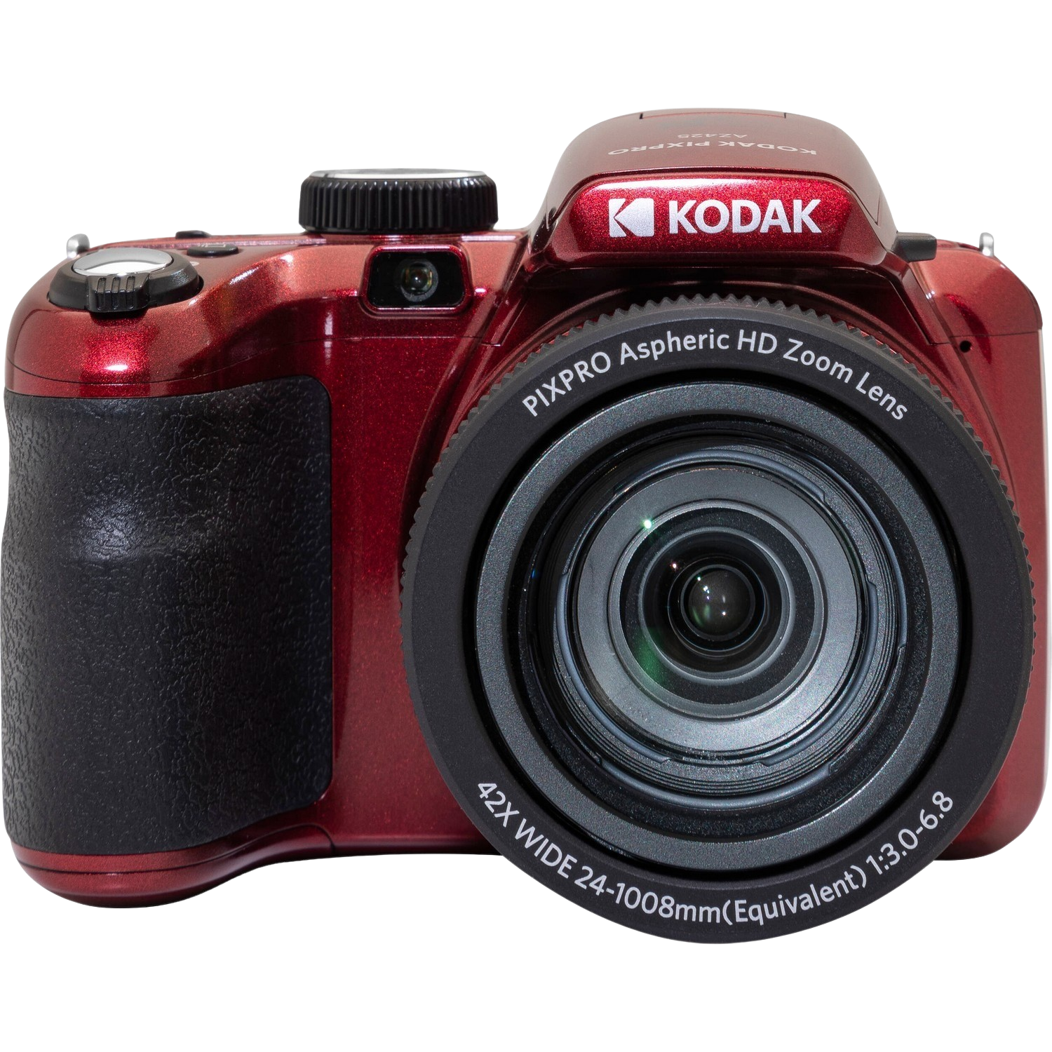 Rode Kodak camera. Zwarte grip, lens en knoppen. Kodak logo zichtbaar.