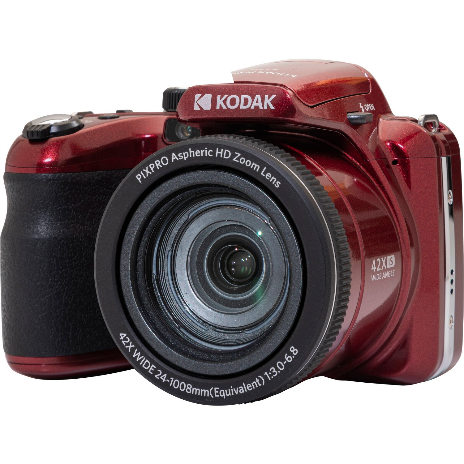 Rode Kodak digitale camera met een grote lens en het Kodak-logo.