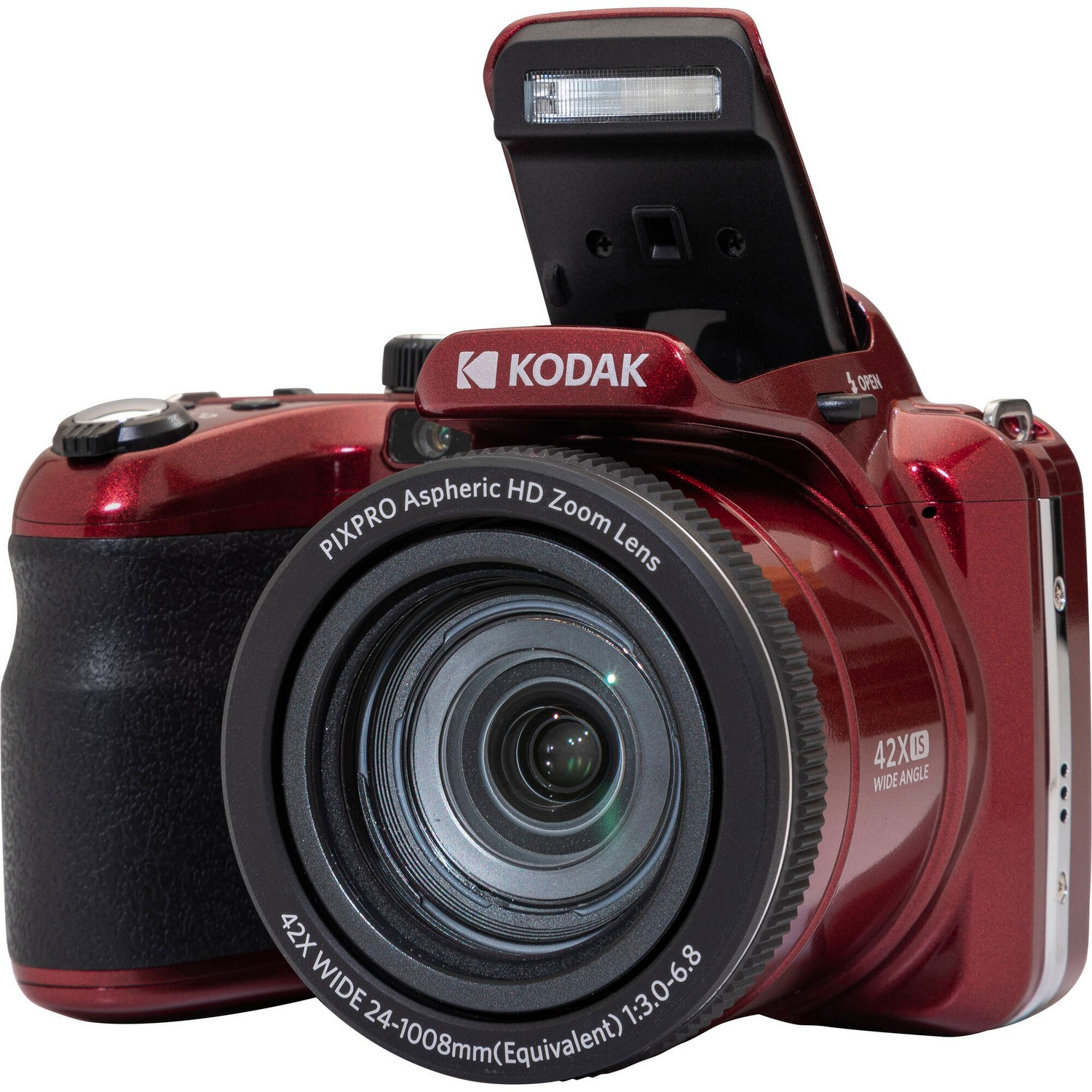 Rode Kodak camera met de flitser omhoog. Lens detail met 42X zoom en Kodak logo.