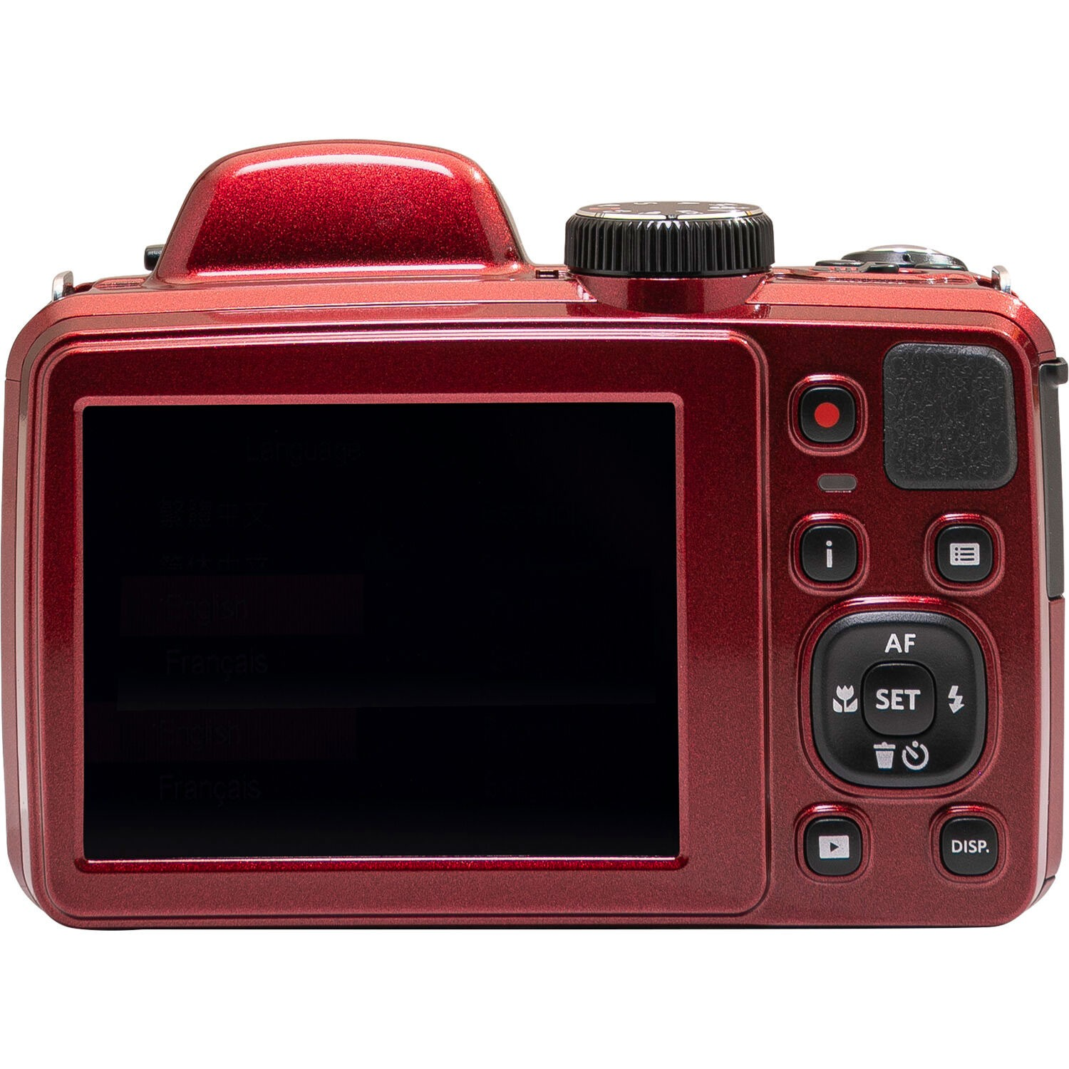 Een rode camera met een zwart scherm en knoppen aan de achterkant.
