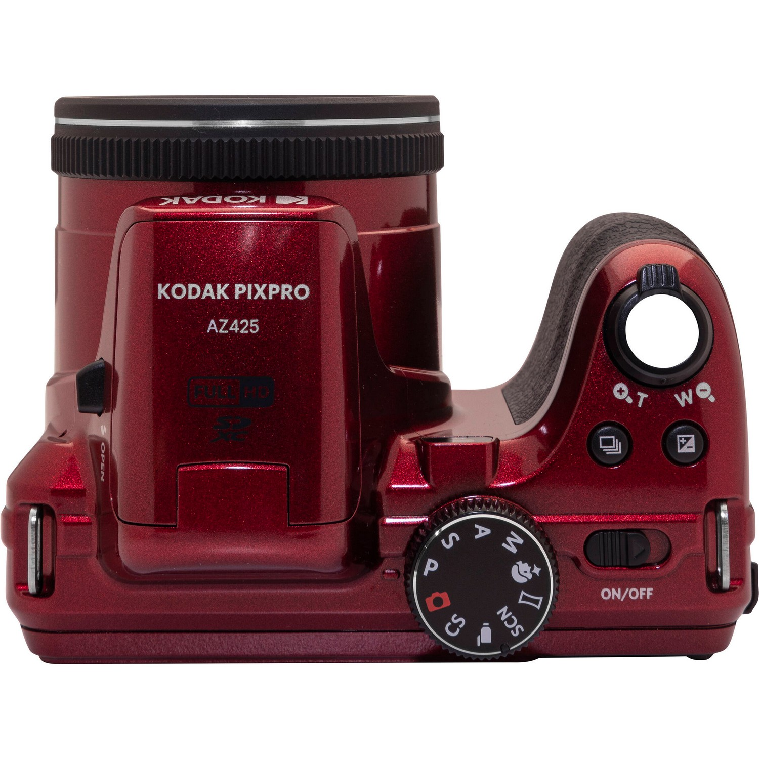 Een rode Kodak PixPro camera. Bovenaanzicht, met knoppen, een draaiknop en een aan/uit schakelaar.