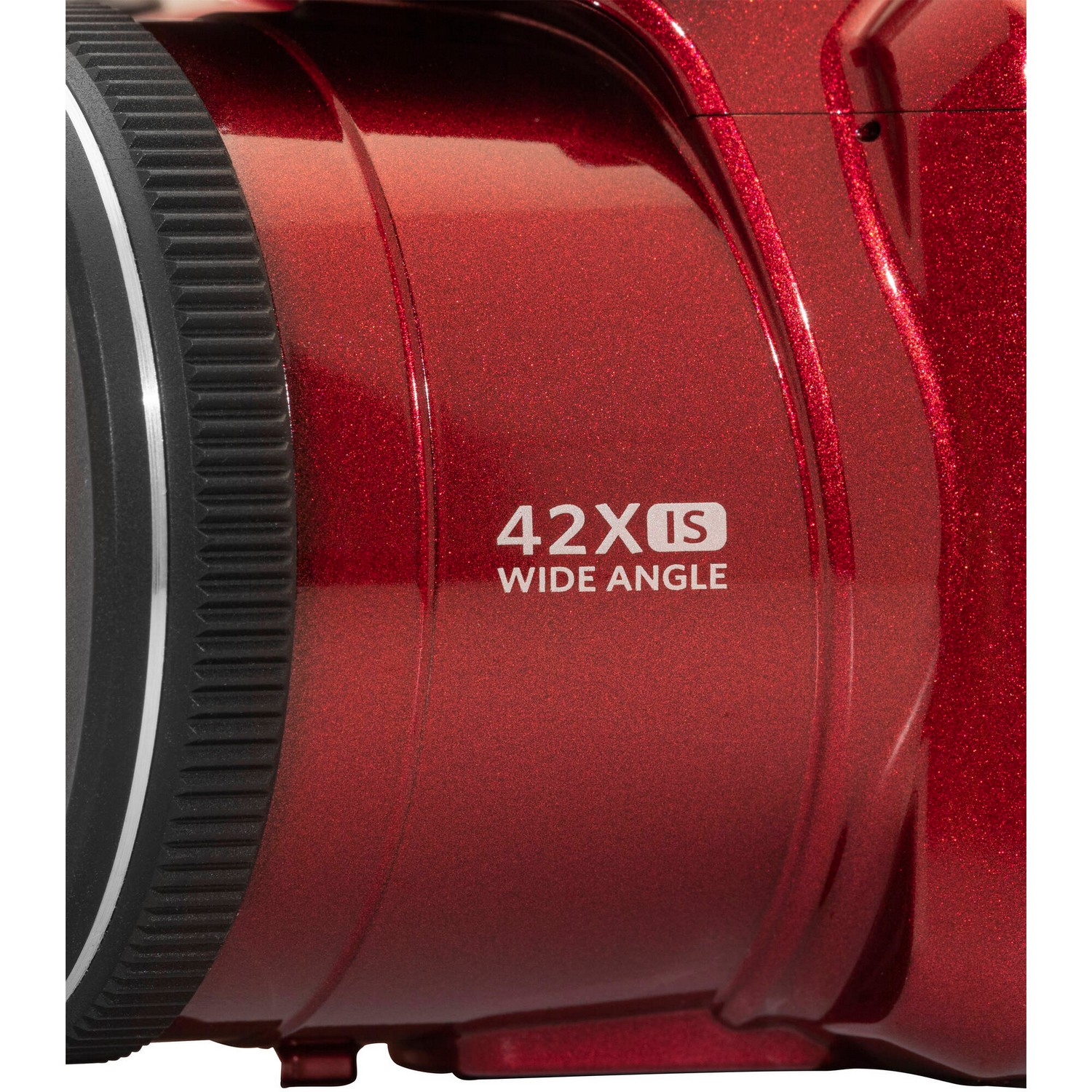 Rode camera met een lens. Tekst op de lens zegt '42X IS WIDE ANGLE'.