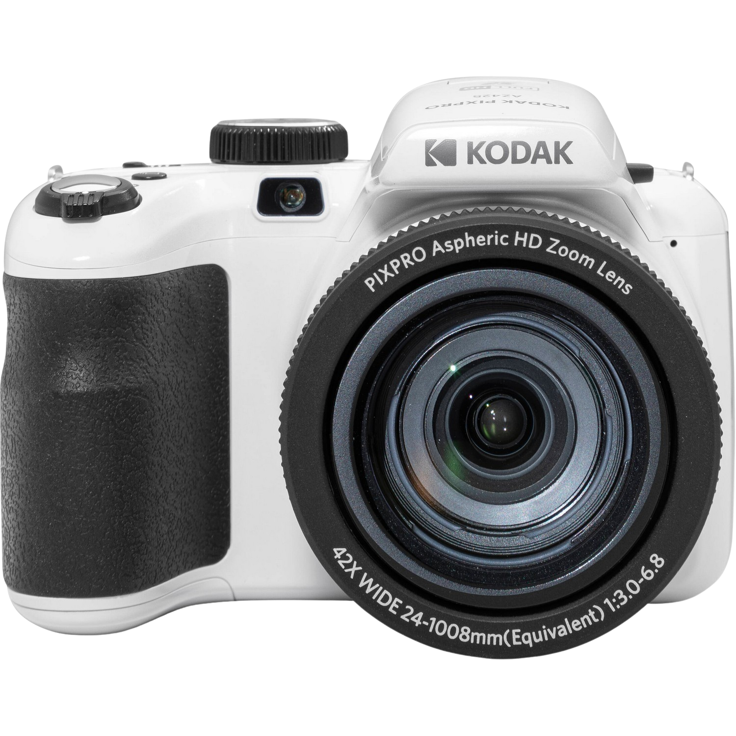 Un appareil photo Kodak PixPro blanc avec objectif et poignée noirs. Objectif : 42X Wide 24-1008mm.
