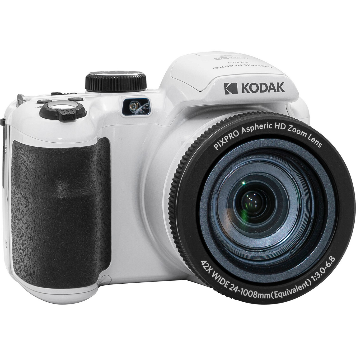 Un appareil photo numérique Kodak blanc avec un objectif et une poignée noirs, et un cadran noir.