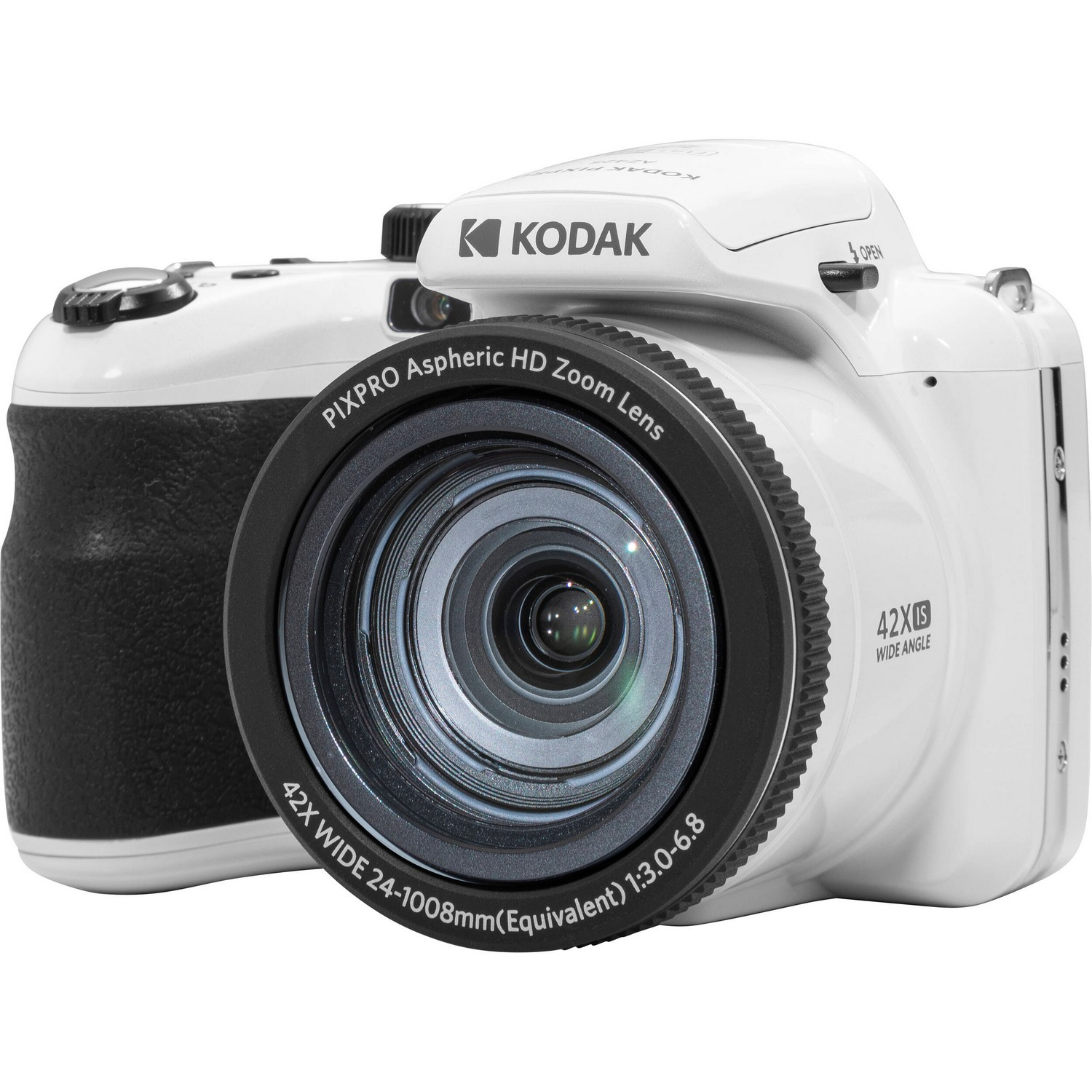 Un appareil photo Kodak Pixpro blanc avec un grand objectif.