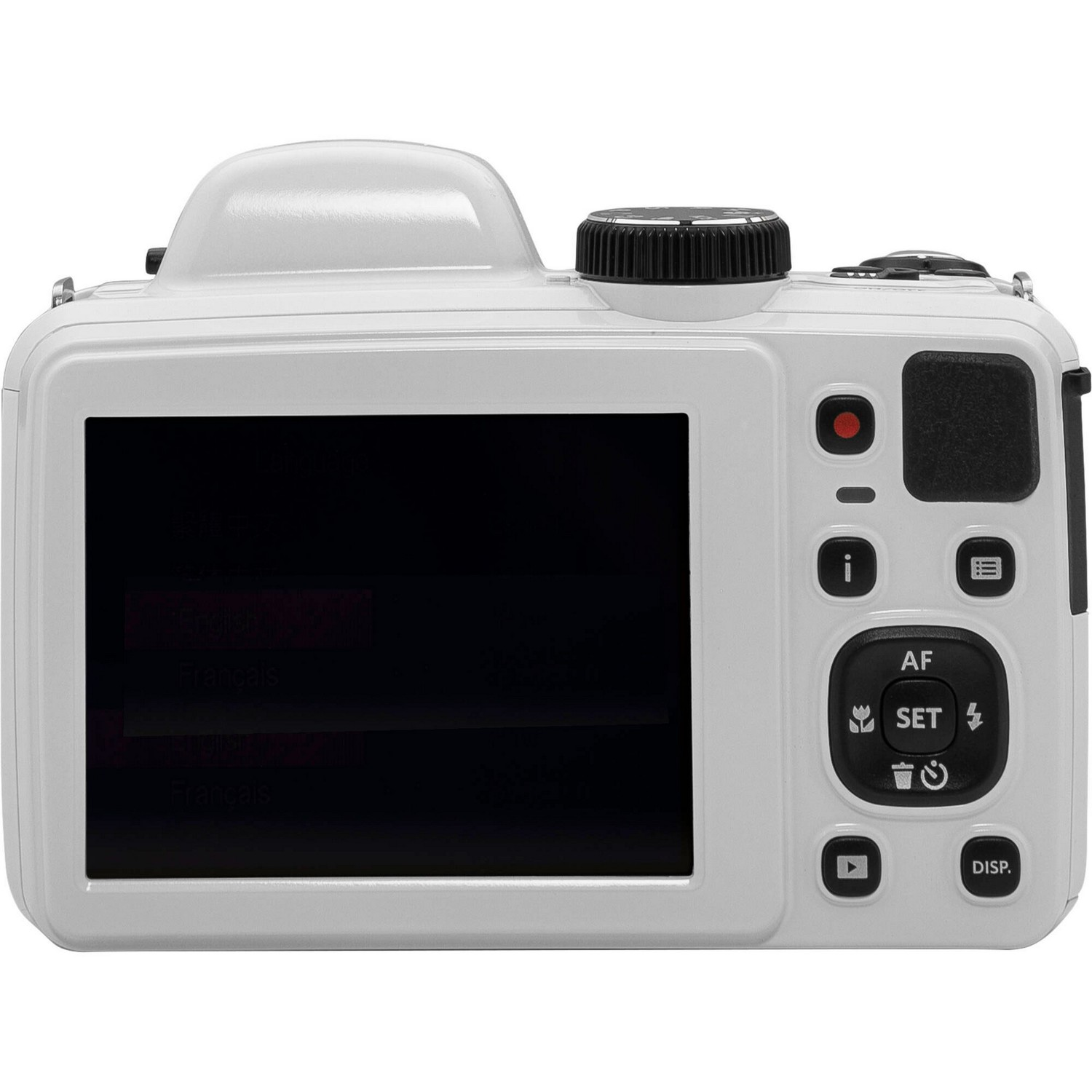 Appareil photo blanc avec un écran noir affichant des options de menu et plusieurs boutons.