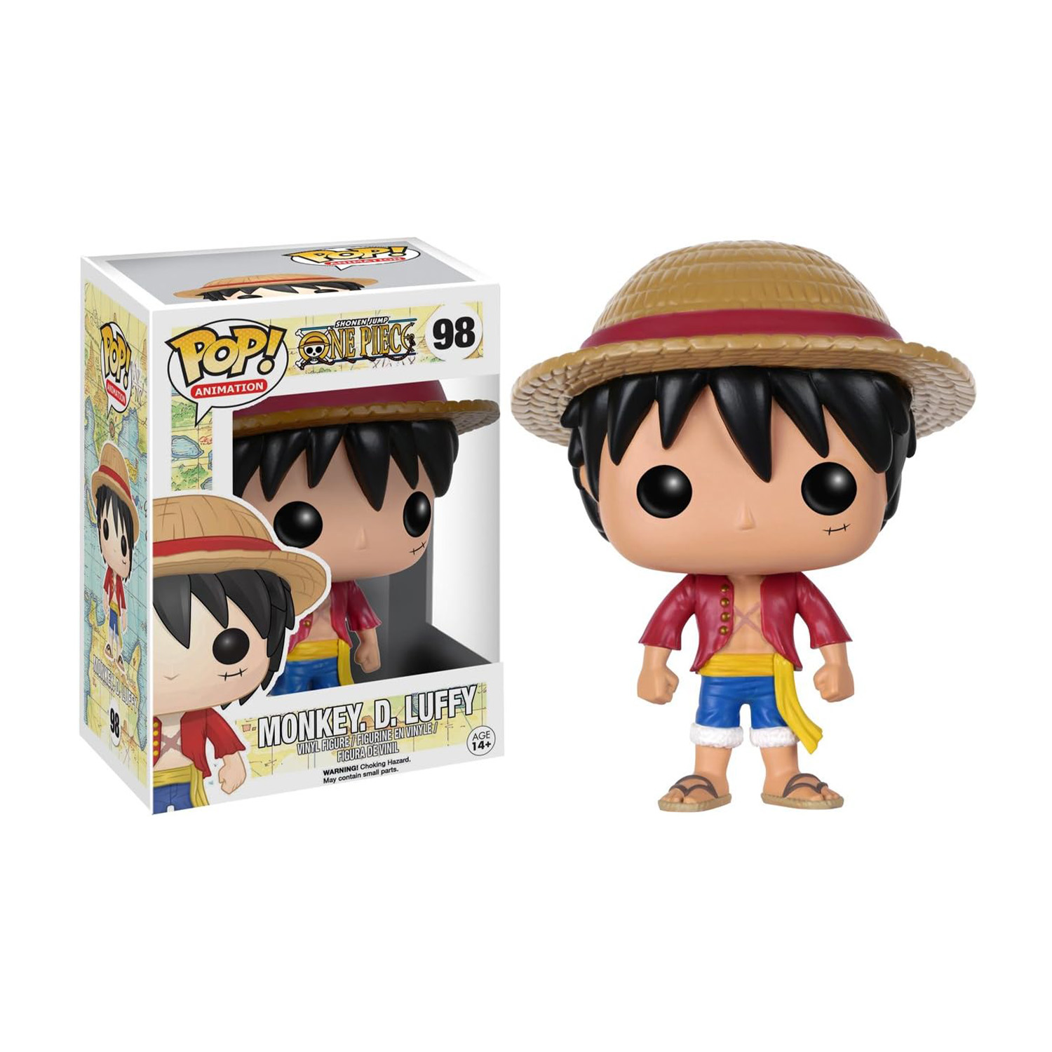 Figura Funko Pop! di Monkey D. Luffy da One Piece, con scatola e figura.