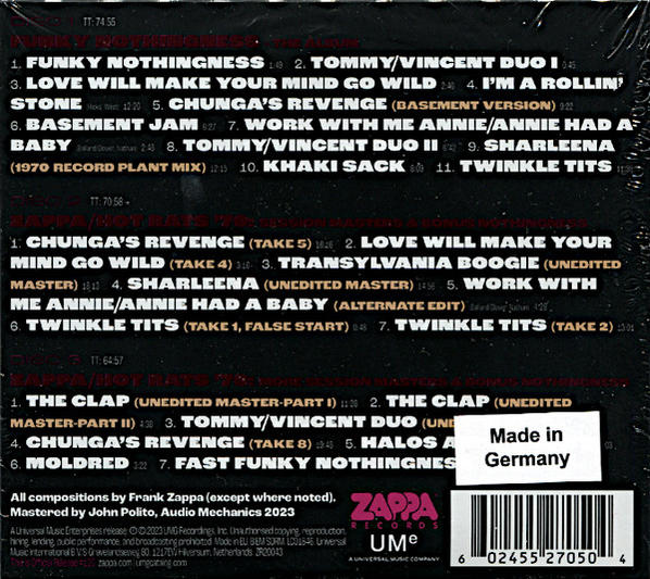 Die Rückseite eines Frank Zappa Albumcovers. Listet Songs und Credits auf, einschließlich 'Made in Germany'.