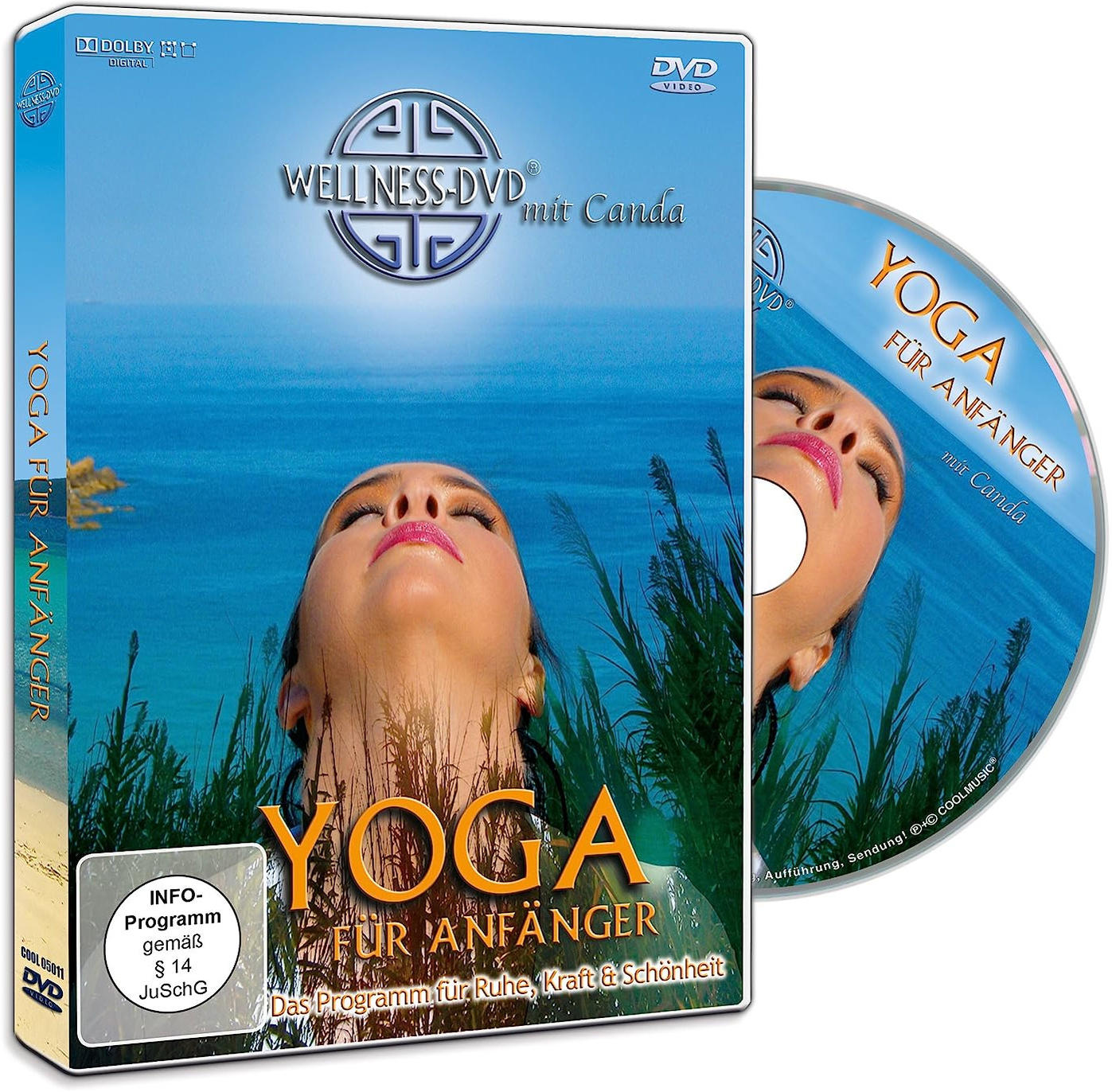 DVD-Hülle mit einer Frau im Wasser, mit Text: Yoga für Anfänger. Eine DVD mit demselben Bild daneben.