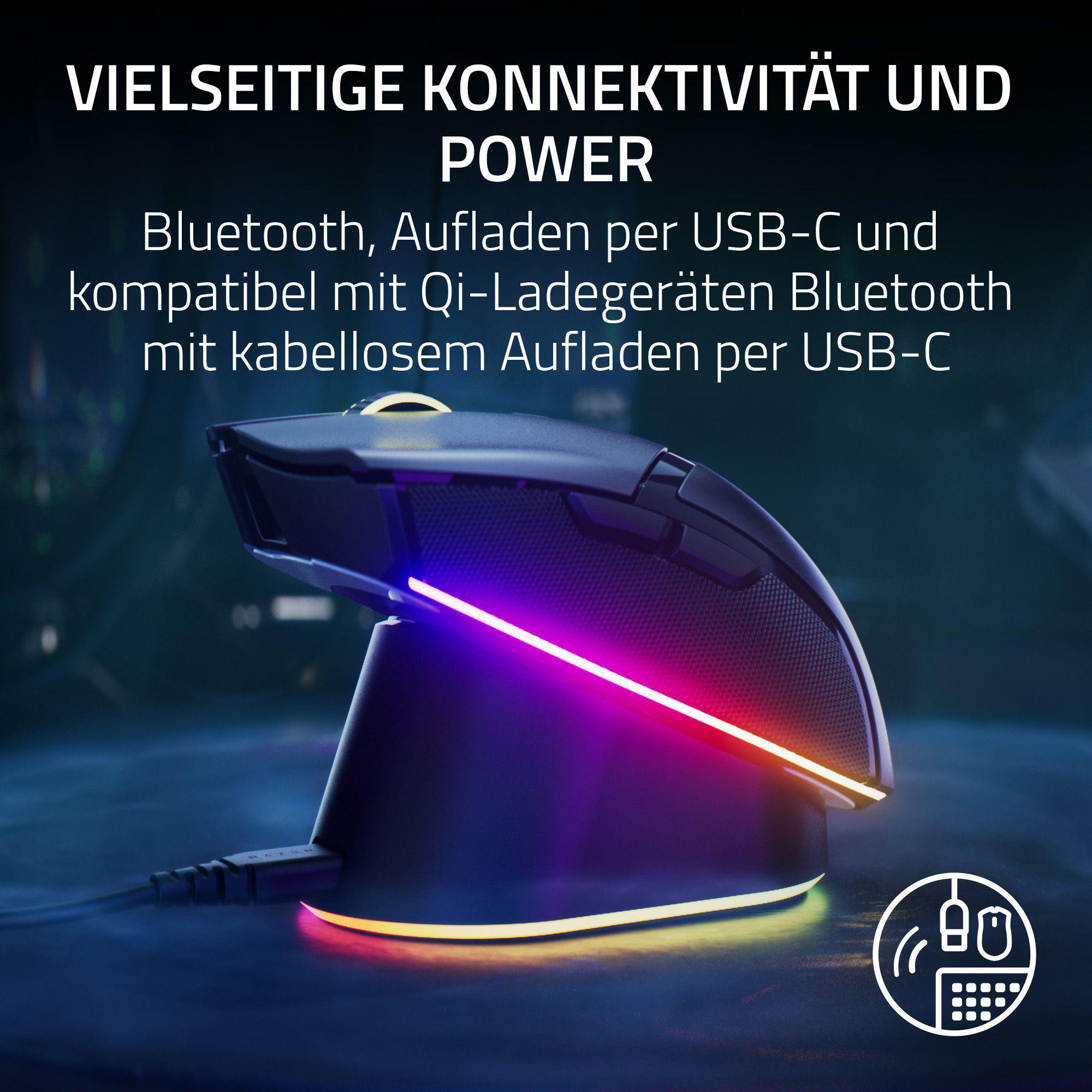 Gaming-Maus auf Ladestation, mit farbiger Beleuchtung. Text: Vielseitige Konnektivität und Leistung.