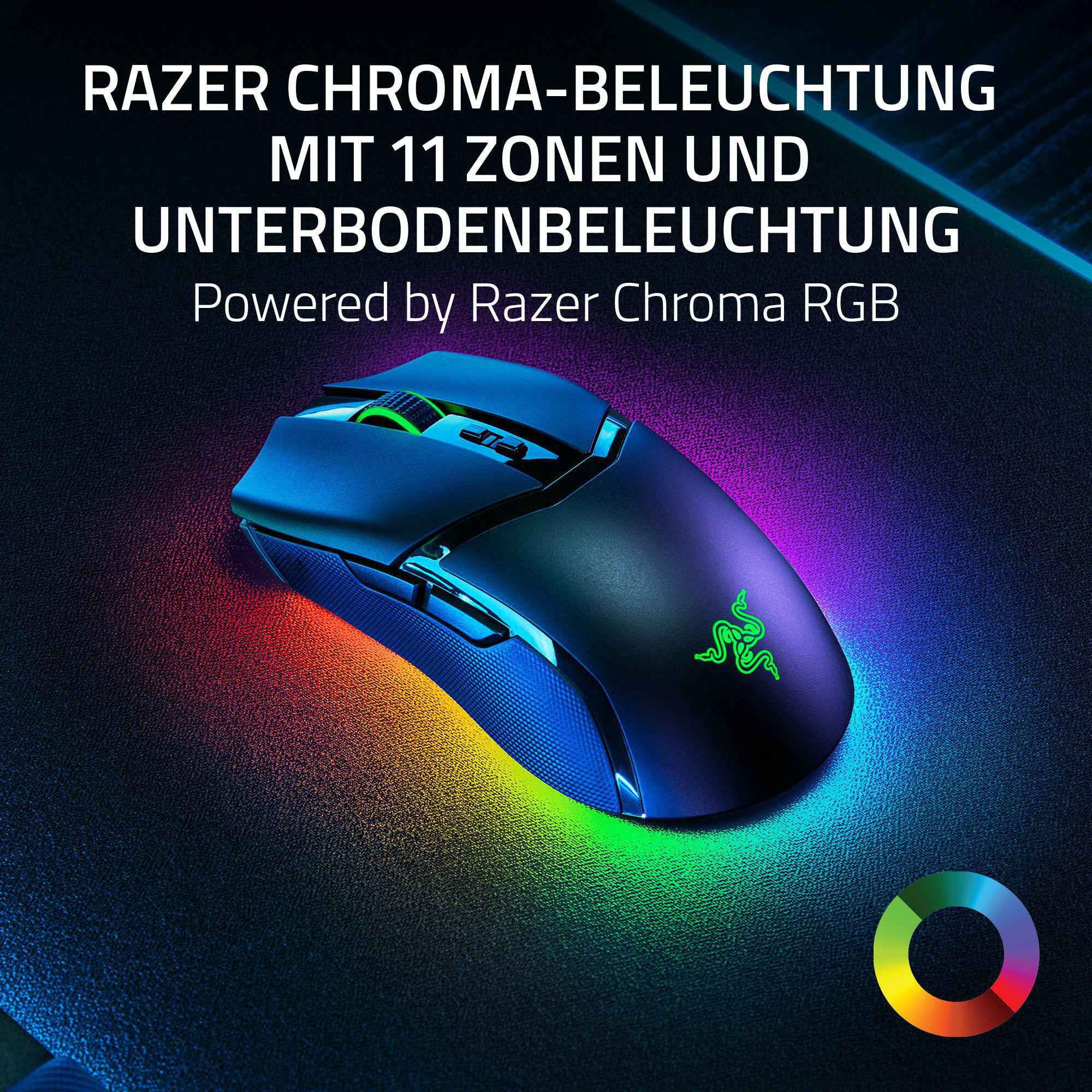 Schwarze Gaming-Maus mit farbiger RGB-Beleuchtung. Razer-Logo sichtbar. Buntes Licht umgibt die Maus.