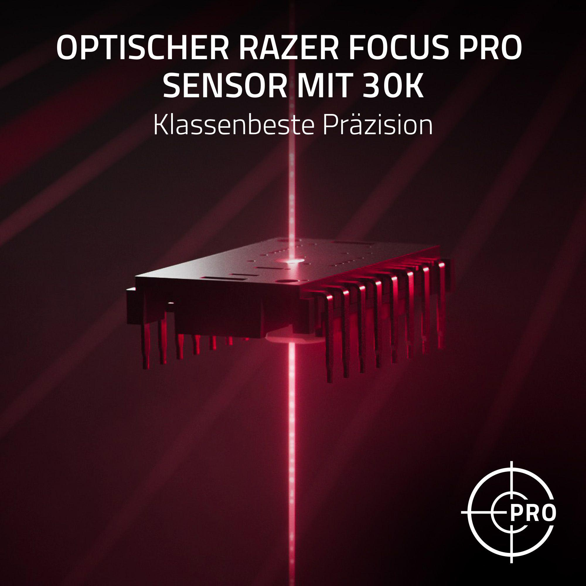 Schwarzes elektronisches Bauteil mit roten Lichtern und Text "OPTISCHER RAZER FOCUS PRO".
