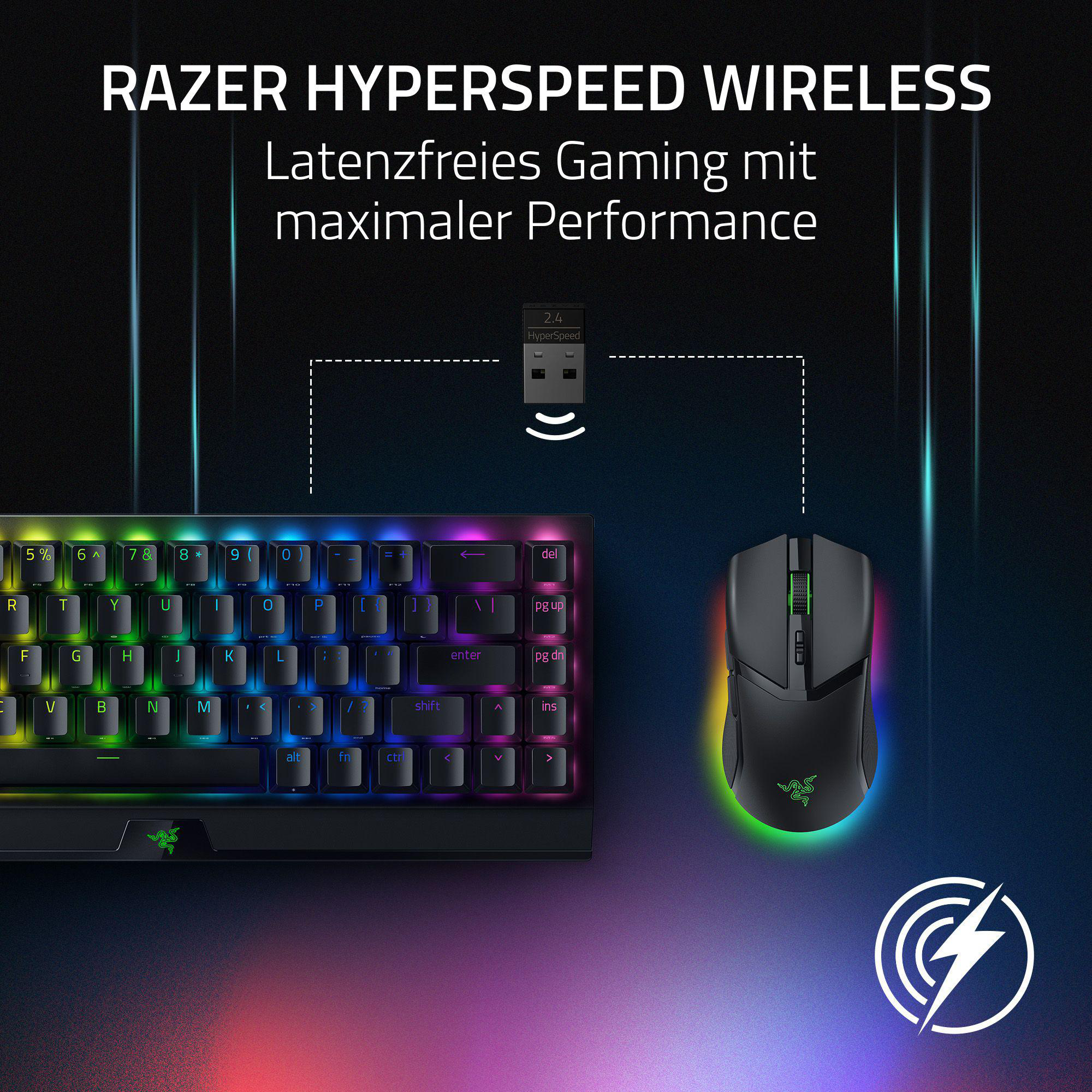 Schwarze Gaming-Tastatur und Maus mit bunten Lichtern, platziert auf dunklem Hintergrund.