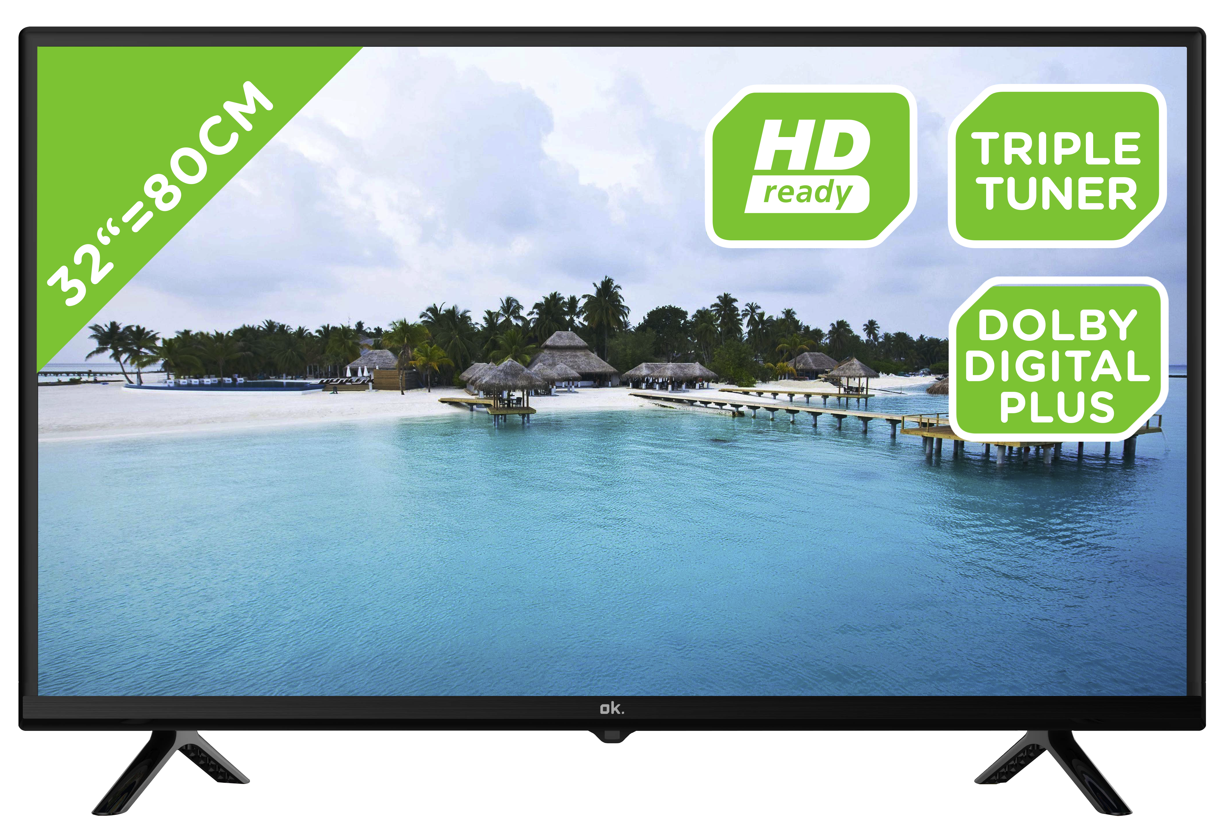 Ein 32-Zoll-TV-Bildschirm, der eine Strandszene mit den Worten "HD ready" und "Dolby Digital Plus" anzeigt.