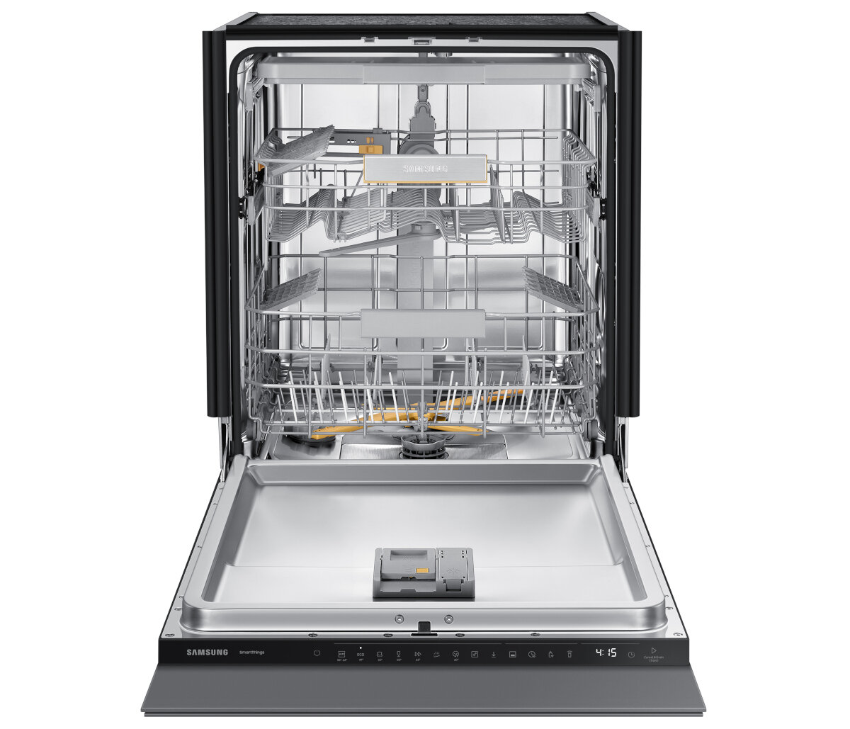 Zmywarka Samsung z otwartymi drzwiami, pokazująca wewnętrzne kosze i elementy sterujące.
