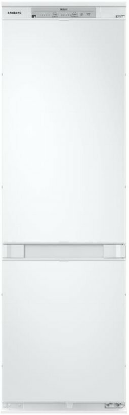 Biała lodówko-zamrażarka Samsung, zabudowana, z dwoma drzwiami.