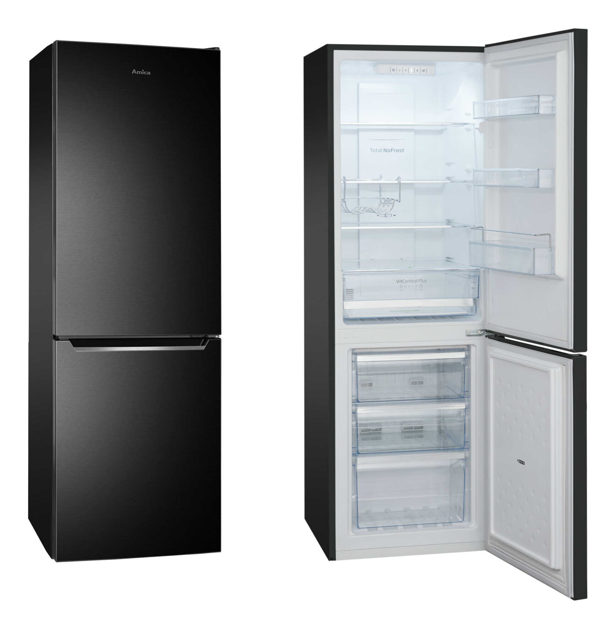 Czarna lodówka Amica, widok z lewej strony. Drzwi są zamknięte po lewej stronie.