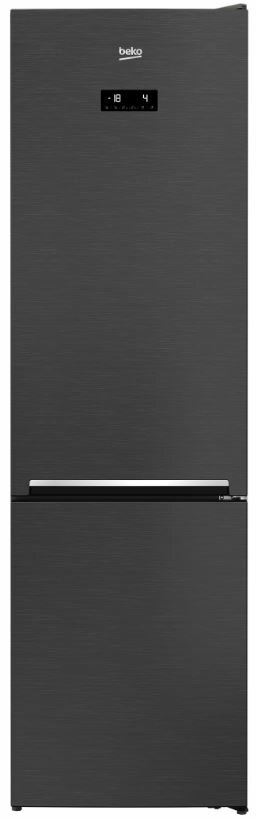 Czarna lodówka Beko z dwoma drzwiami i wyświetlaczem u góry.