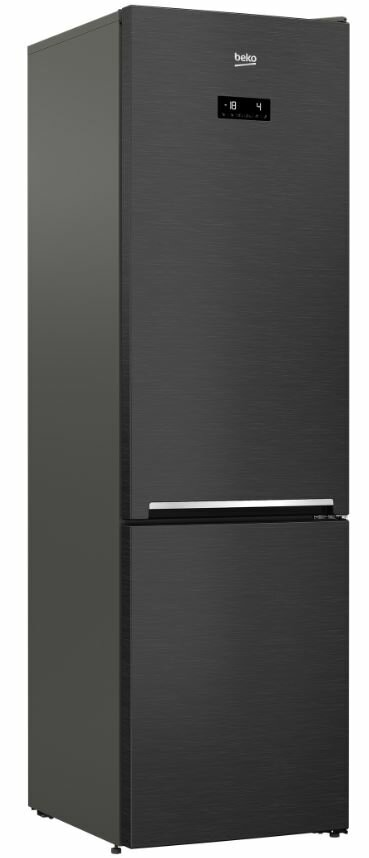 Czarna lodówka Beko z dwoma drzwiami. Wyświetlacz cyfrowy pokazuje -18. Stoi na białej powierzchni.