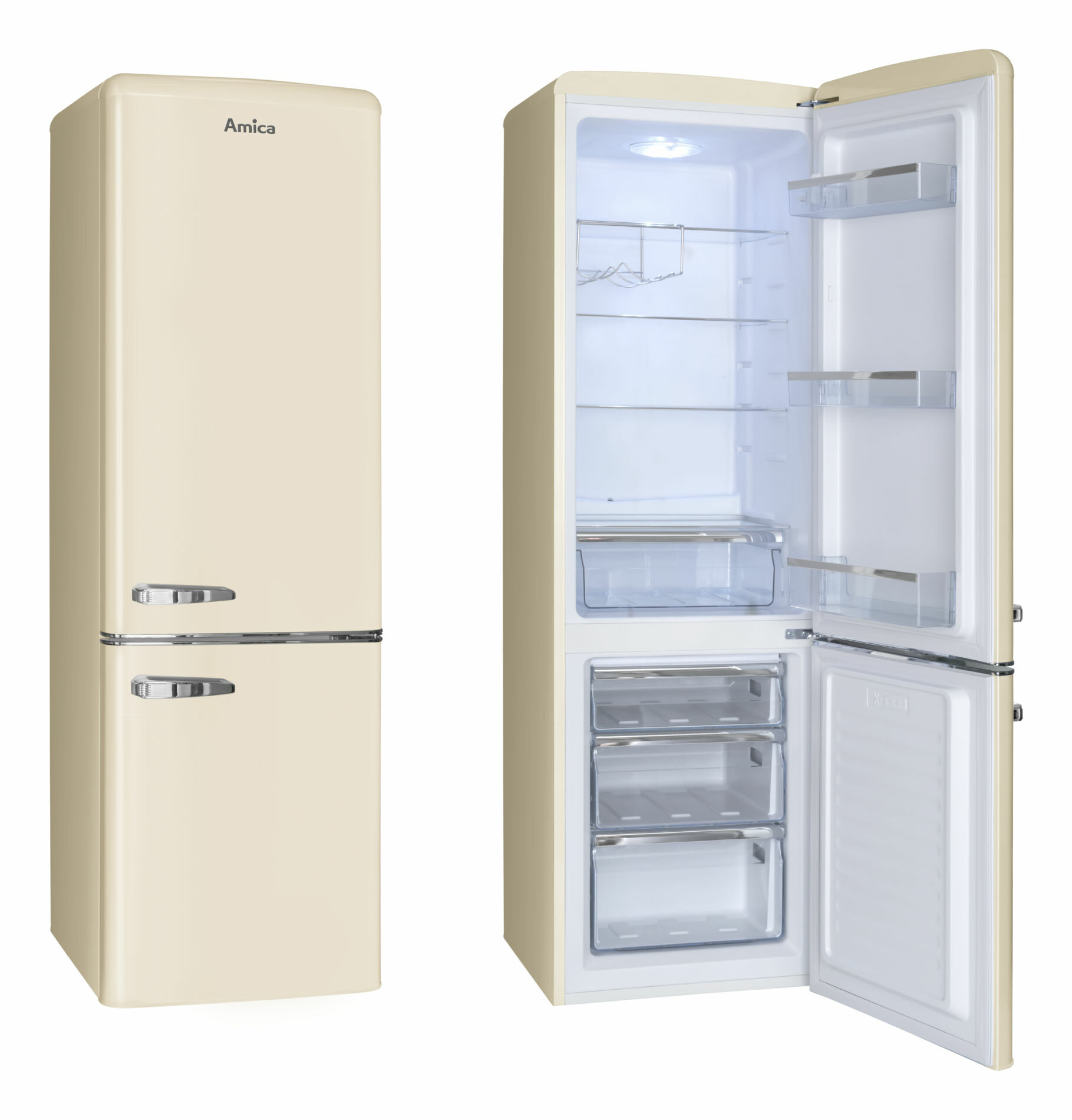 Kremowa lodówka w stylu retro, z zamkniętymi drzwiami po lewej i otwartymi po prawej.