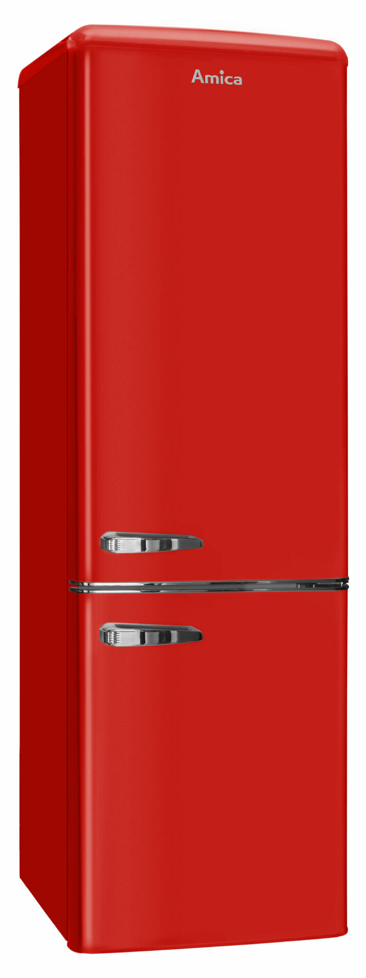Czerwona lodówka Amica w stylu retro. W studiu, wygląda na nową.